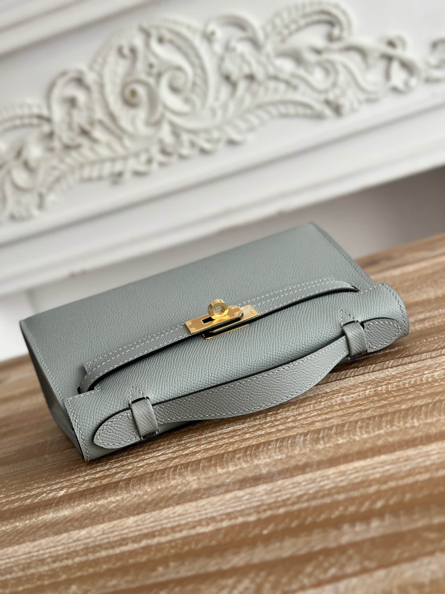 Hermes Kelly Pochette Bag Epsom Leather Silver/Gold Metal Gris Meyer WAX High
