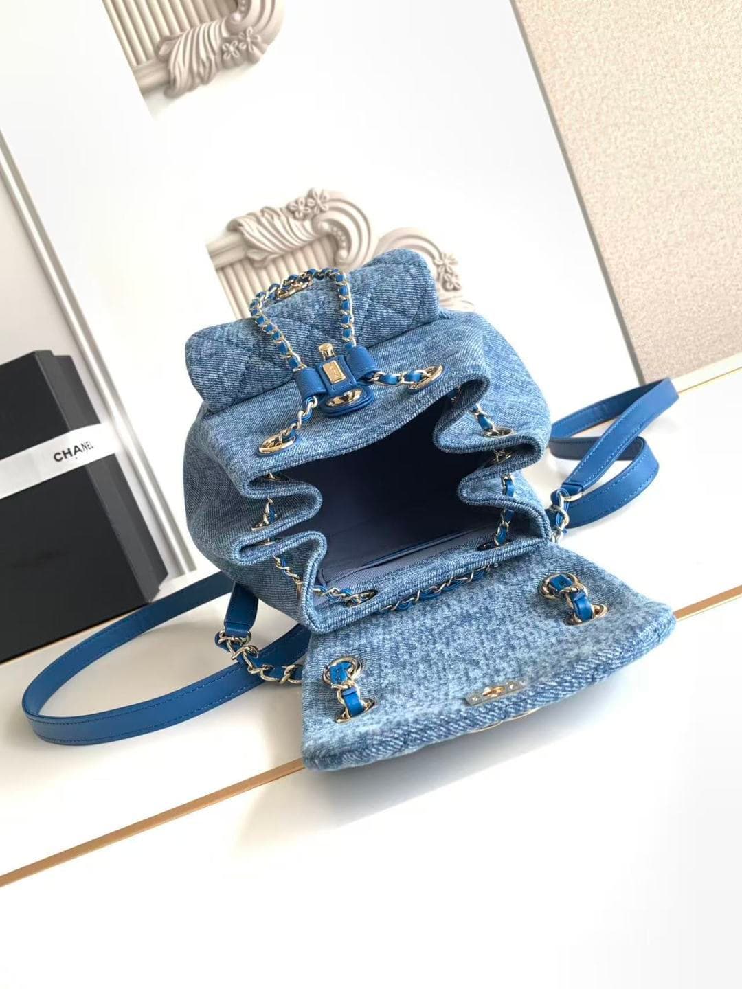 Chanel Small Backpack Washed Denim & Gold-Tone Metal Blue AS2908 A