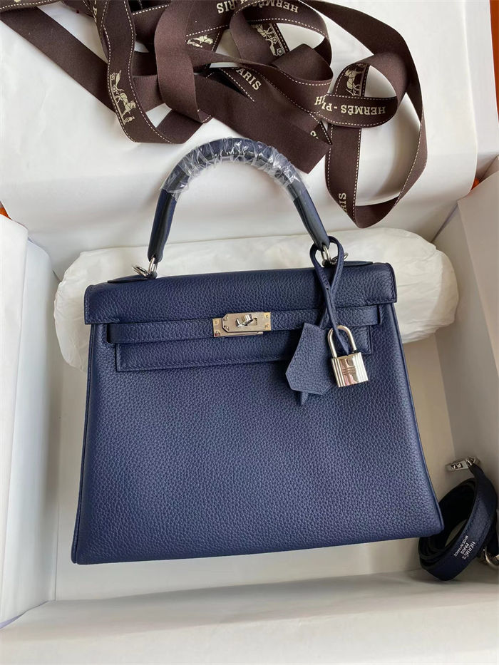 Hermes Kelly 25/28/32cm Retourne Bag Togo Leather In blue obscur WAX High