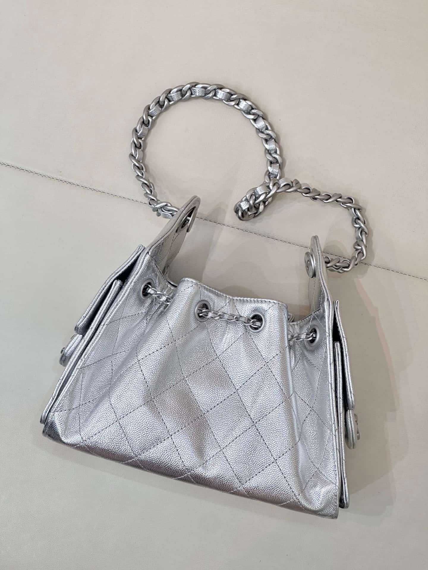 CHANEL 25 Mini Handbag AS5631 Grained Calfskin & Silver-tone Metal Silver TOP