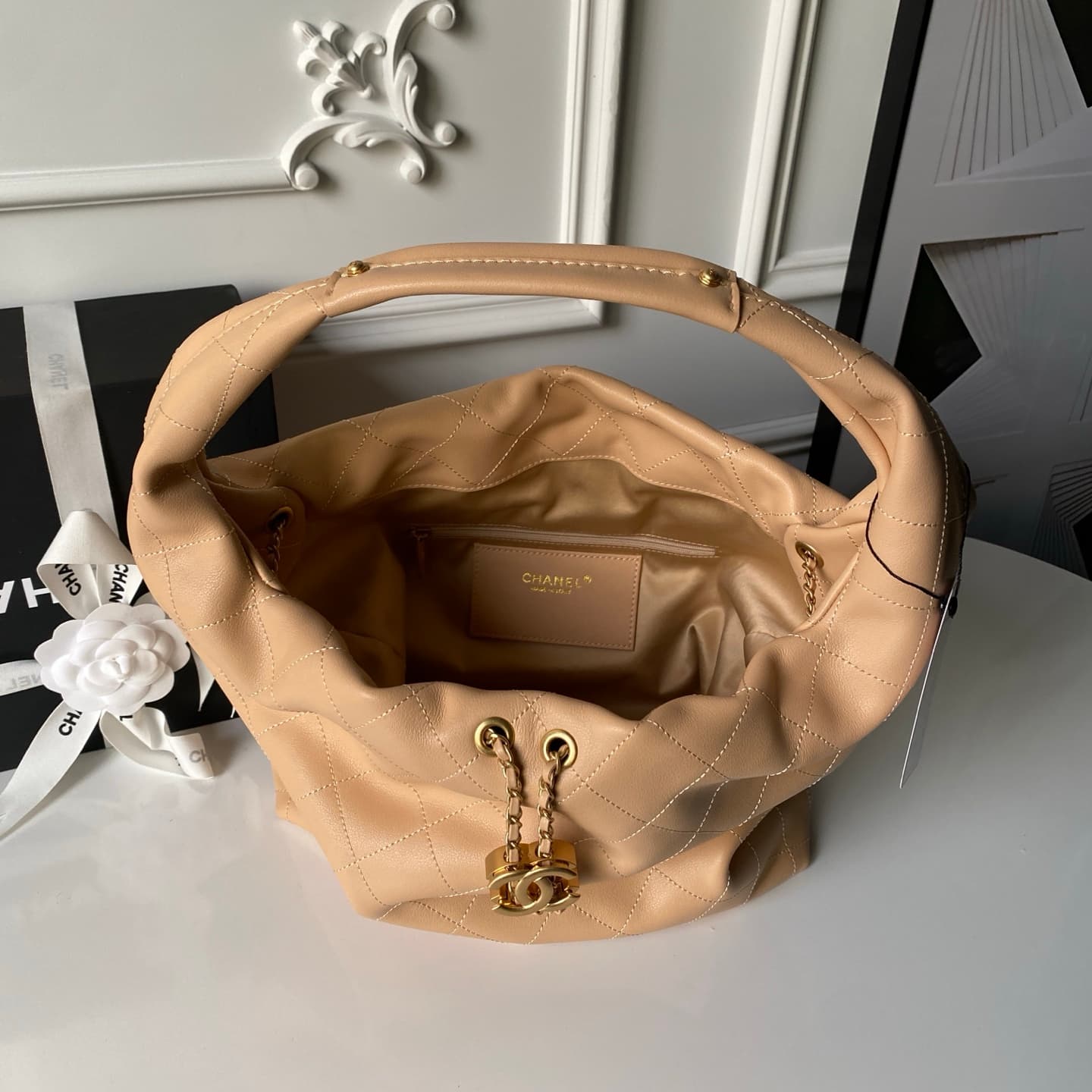 Chanel Hobo Handbag Calfskin & Gold-Tone Metal AS5967 Beige A
