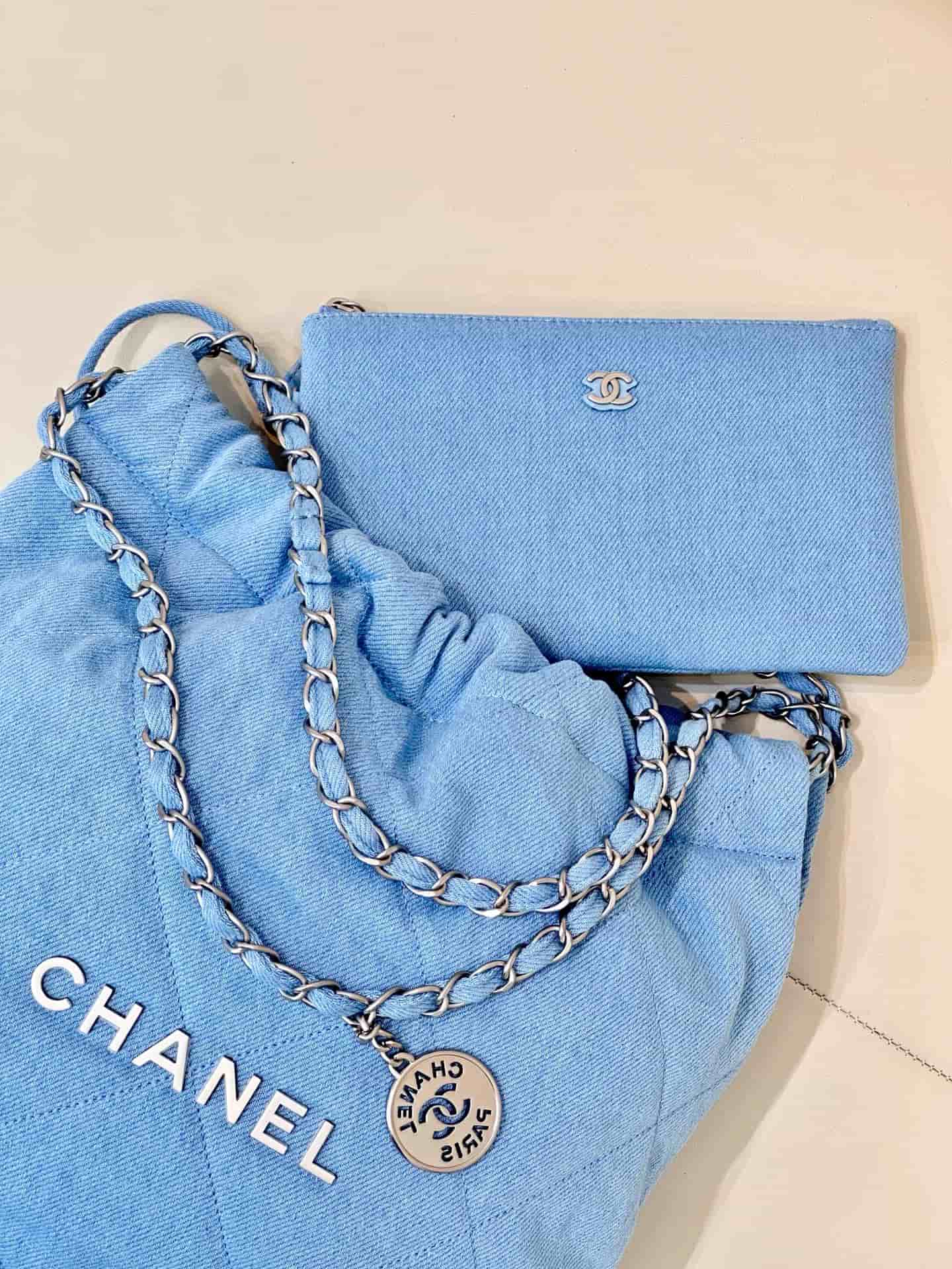 Chanel 22 Small handbag Washed denim & silver-tone metal AS3260 blue TOP