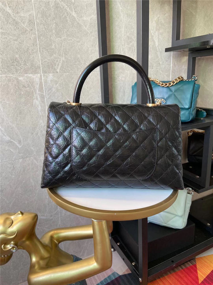 Medium FLAP BAG WITH TOP HANDLE Shiny Calfskin Black Gold Metal High