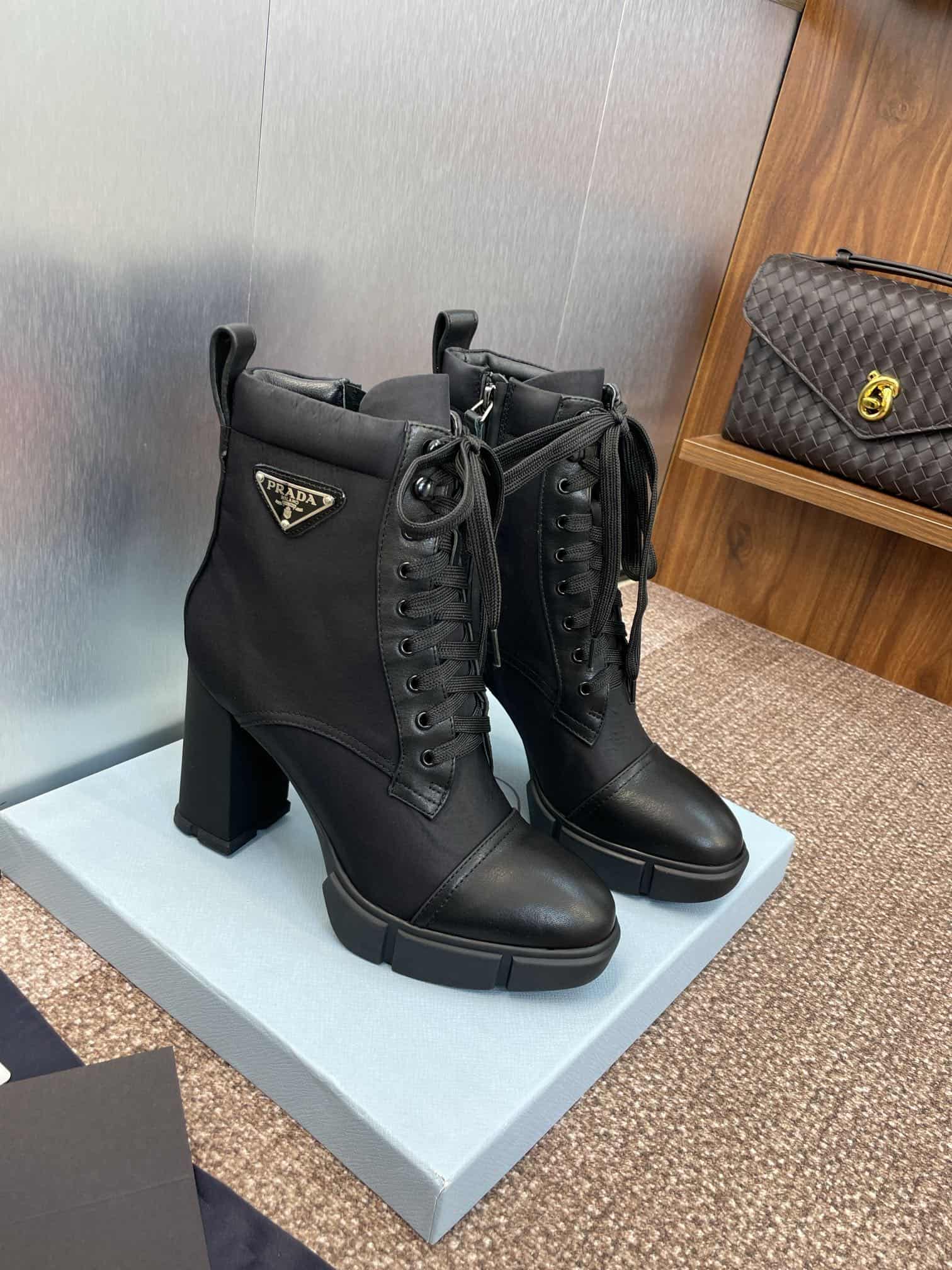 Prada Enameled Metal Triangle Nylon Combat Boots Shoes High Women