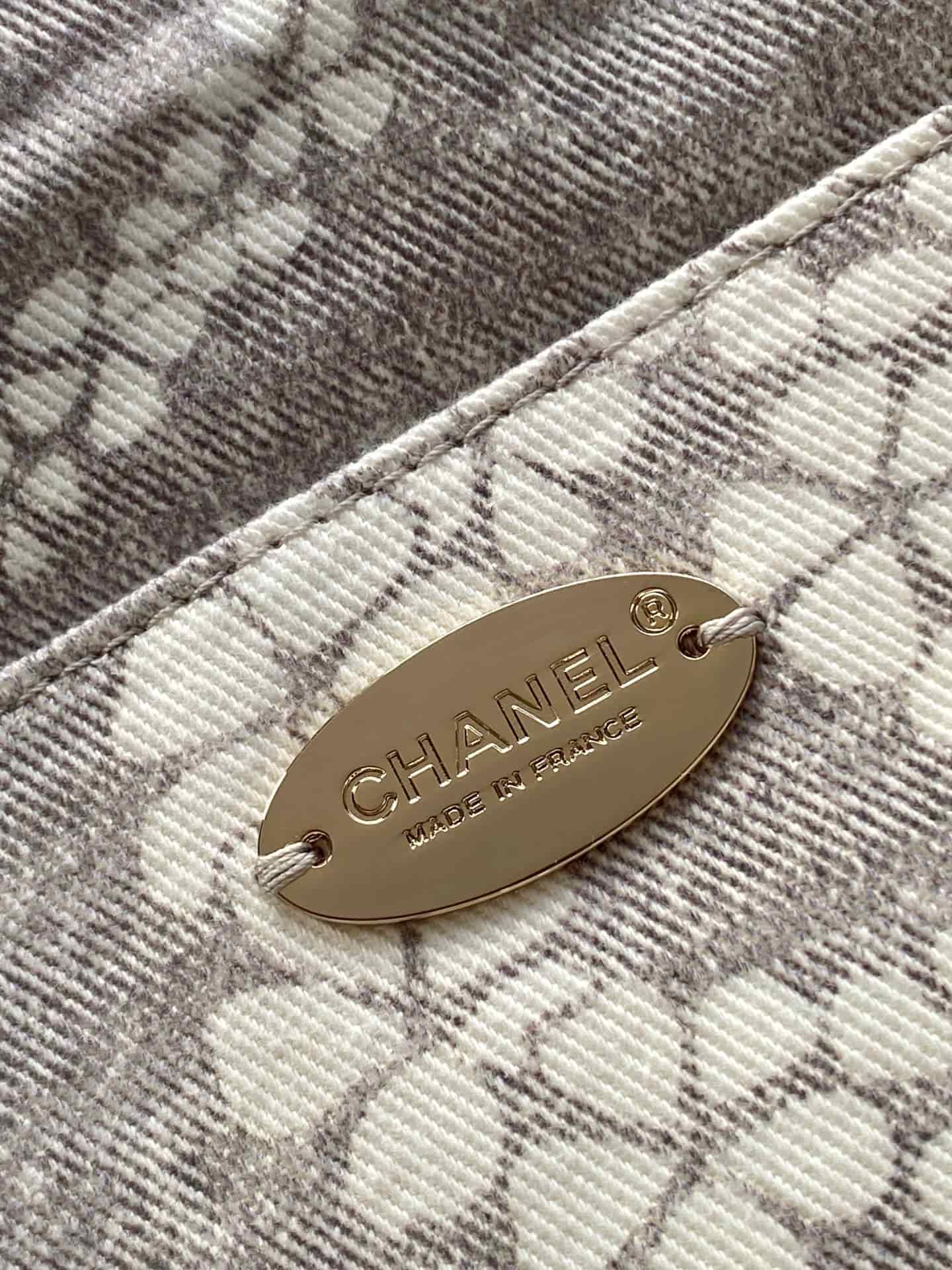 Chanel Beach Hobo Handbag Printed Cotton & Gold-Tone Metal AS5429 White and Grey A