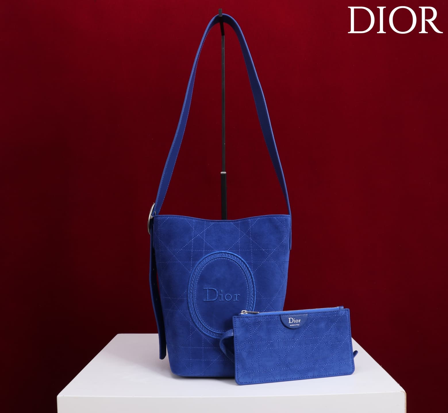 Dior Macrocannage Blue Suede Leather Small Bucket Bag High
