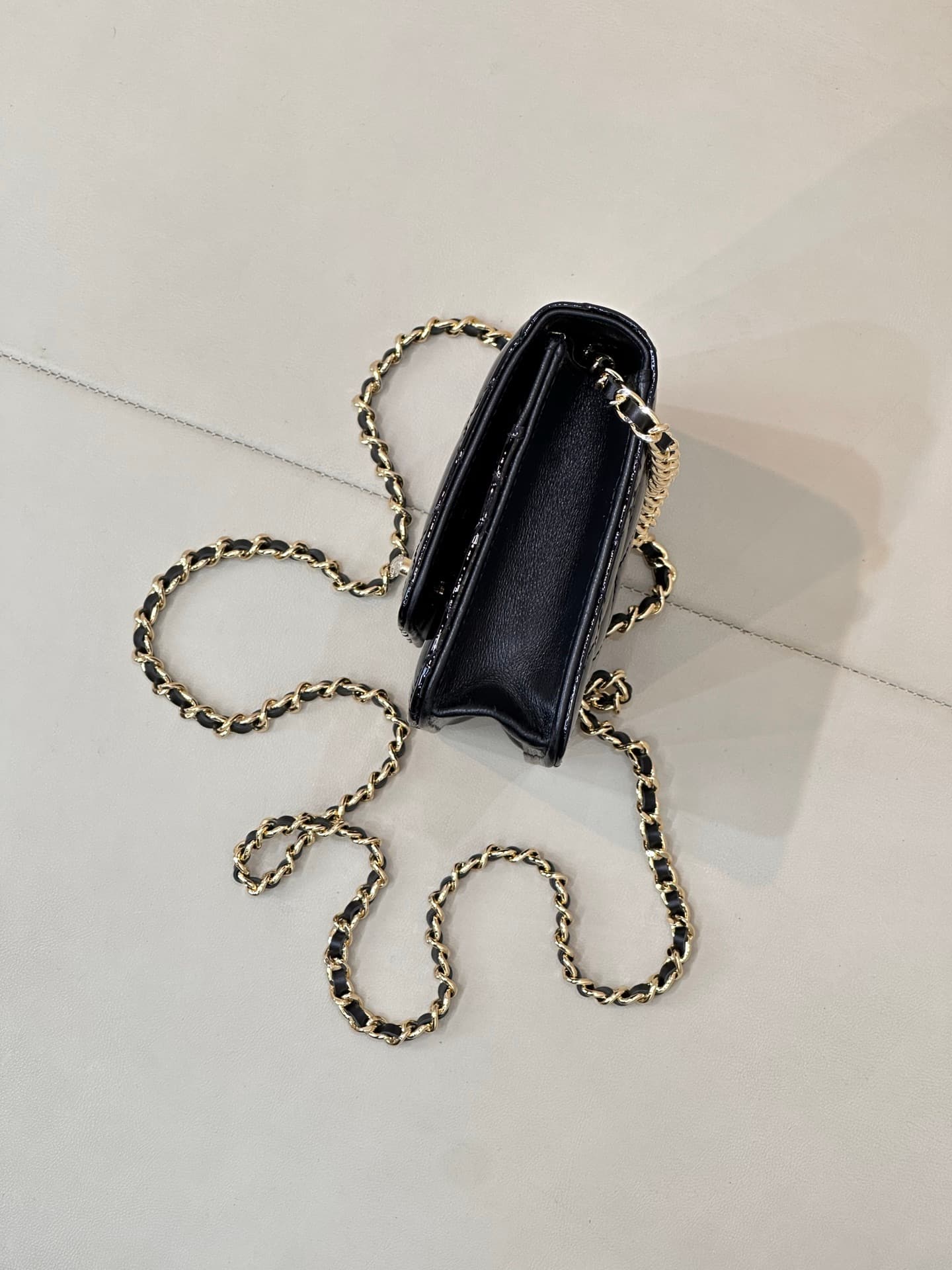 Chanel Classic Wallet on Chain Patent Quilted & Gold-Tone Metal AP4241 BLACK TOP