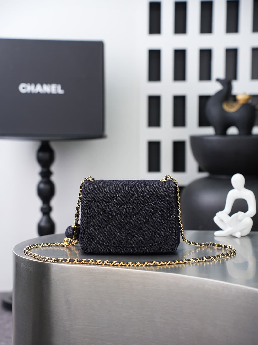 SUPER MINI FLAP BAG Denim & Gold-Tone Metal Dark Black AS1786 A