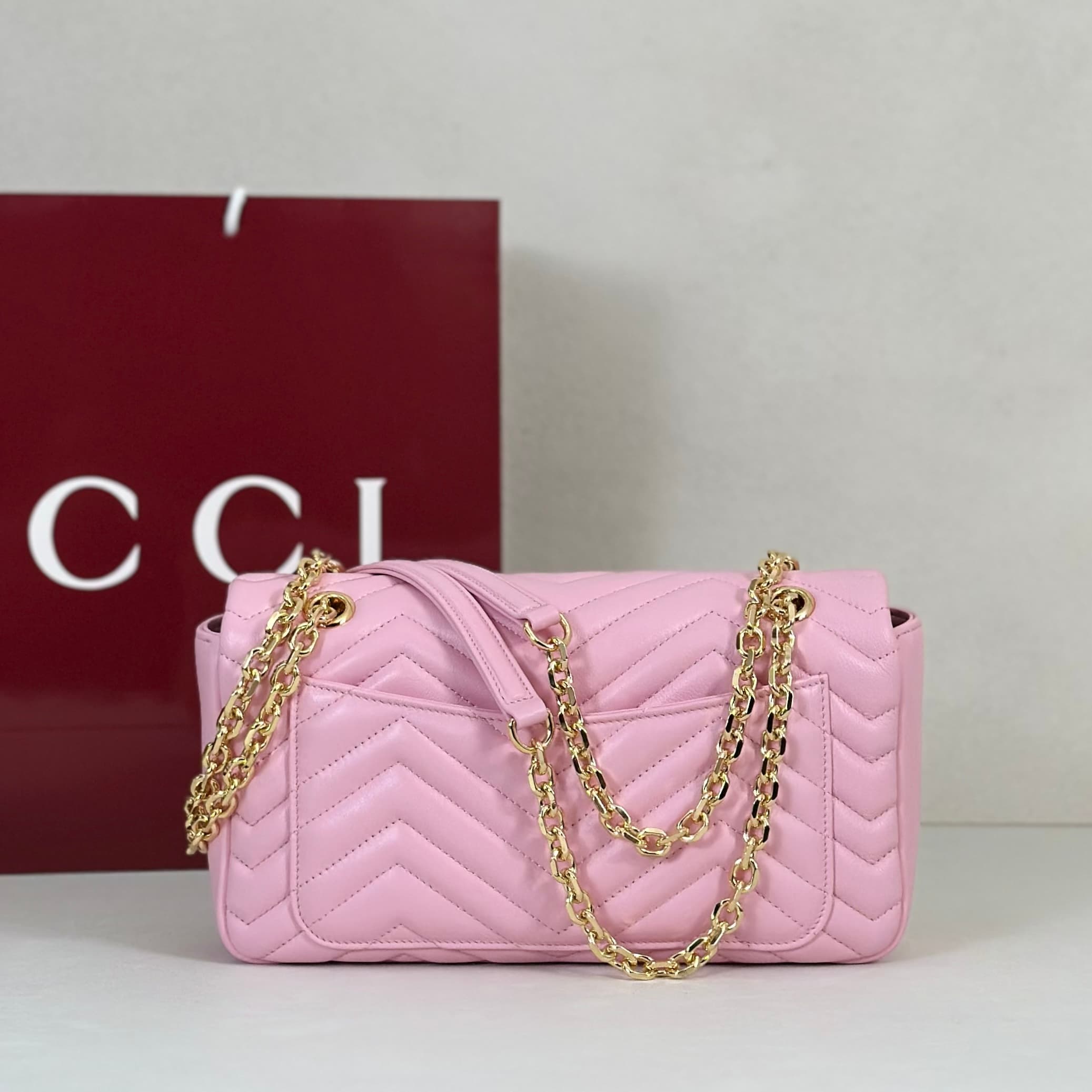 Gucci GG Marmont Medium Shoulder Bag Light Pink Matelassé Chevron Nappa Leather 837267 High