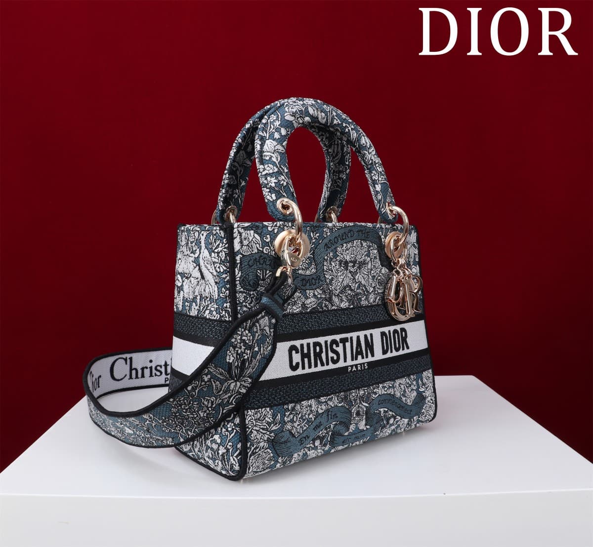 Medium Lady D-Lite Bag Latte Embroidery with Blue Dior Around the World Motif High