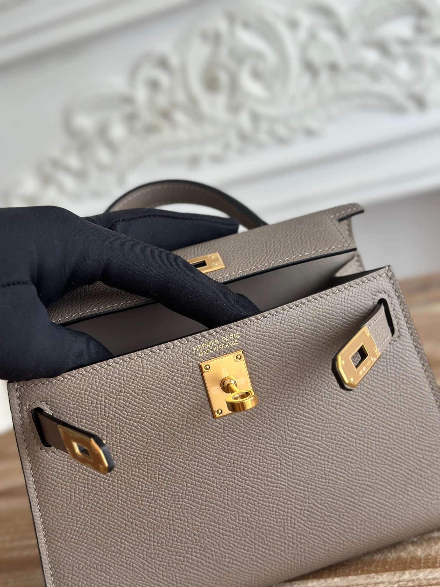 Hermes Kelly Mini II Bag Epsom Leather WAX Gris Asphalte High