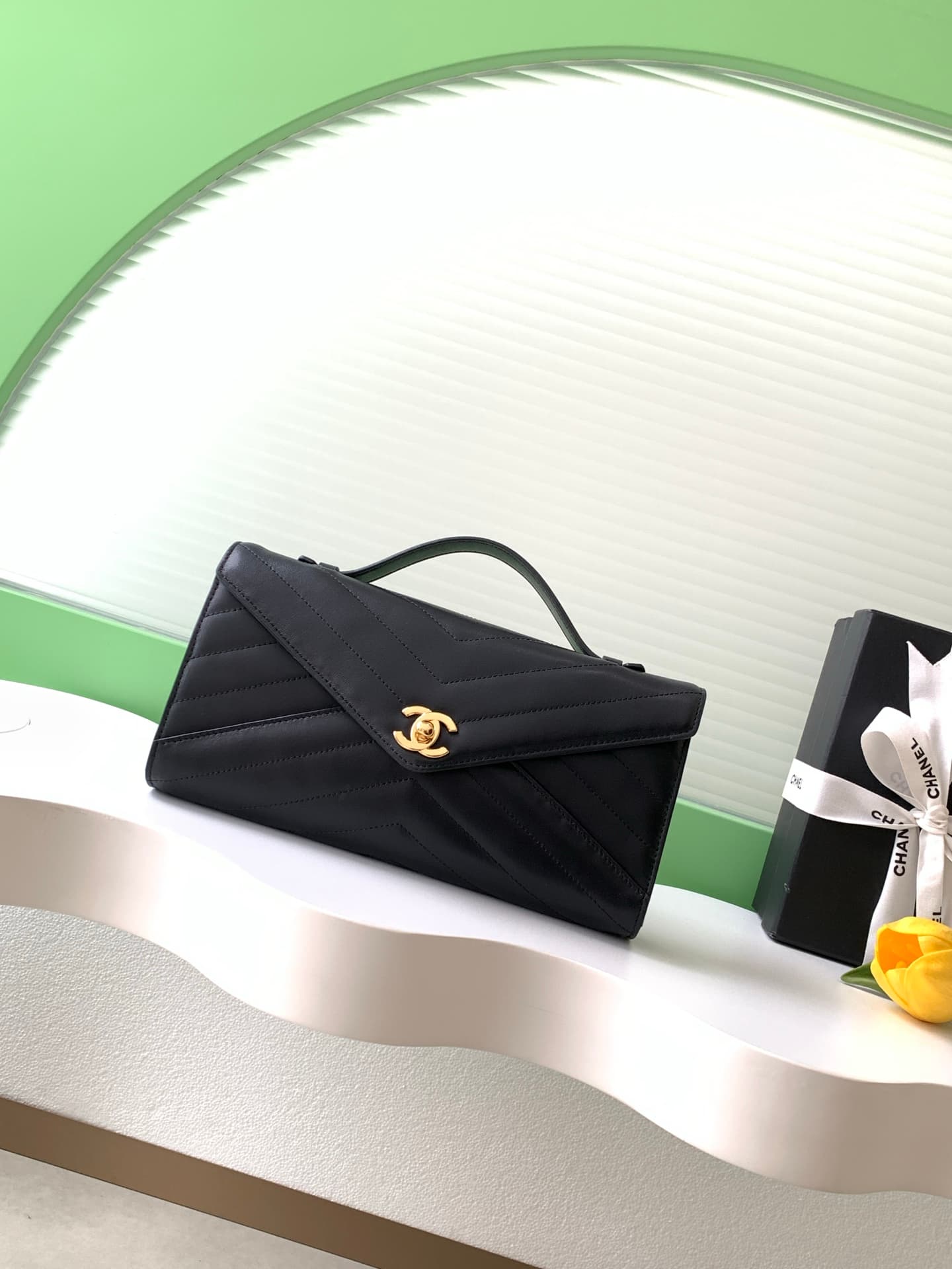 Chanel Flap Bag with Top Handle Chevron Calfskin & Gold-Tone Metal Black AS6044 A