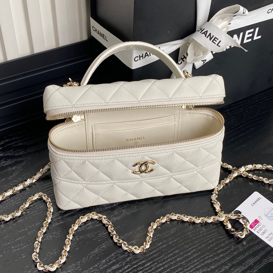 Chanel VANITY WITH CHAIN AP4407 Grained Calfskin & Gold-Tone Metal White High