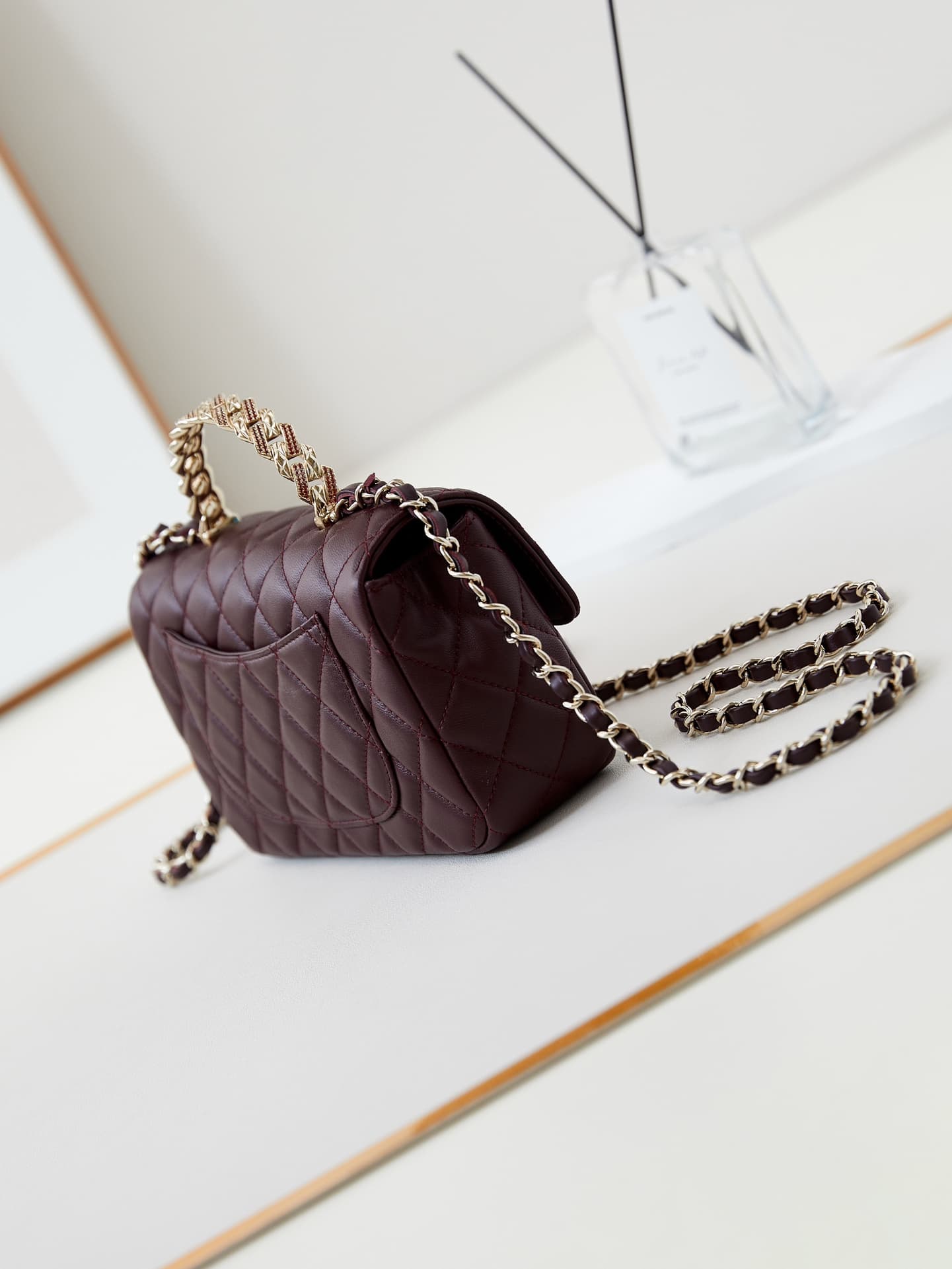 Chanel Mini Flap Bag with Top Handle Lambskin& Gold-Tone Metal Dark Burgundy AS4924 A