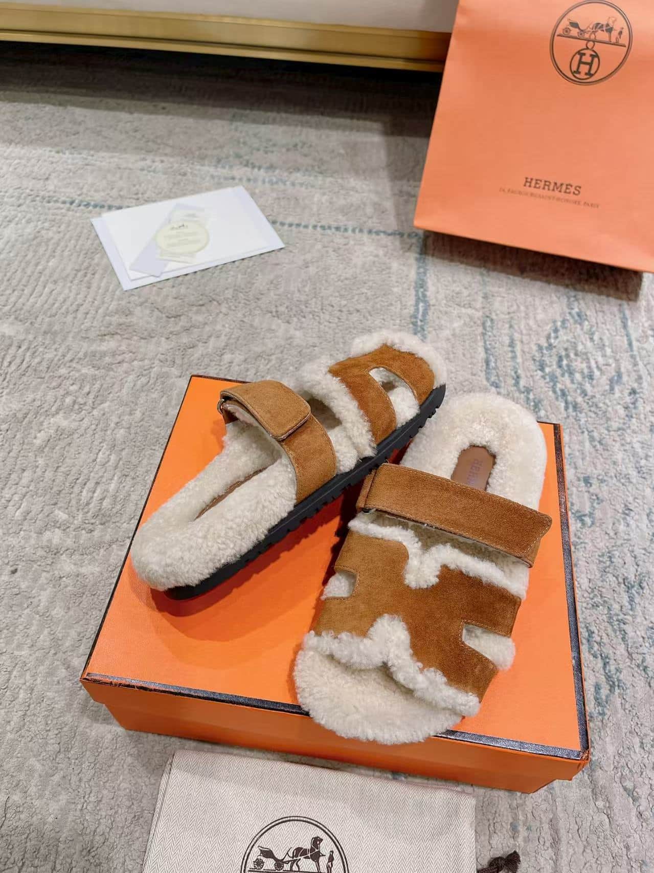 Hermes Chypre Sandals in Shearling and Suede Unisex