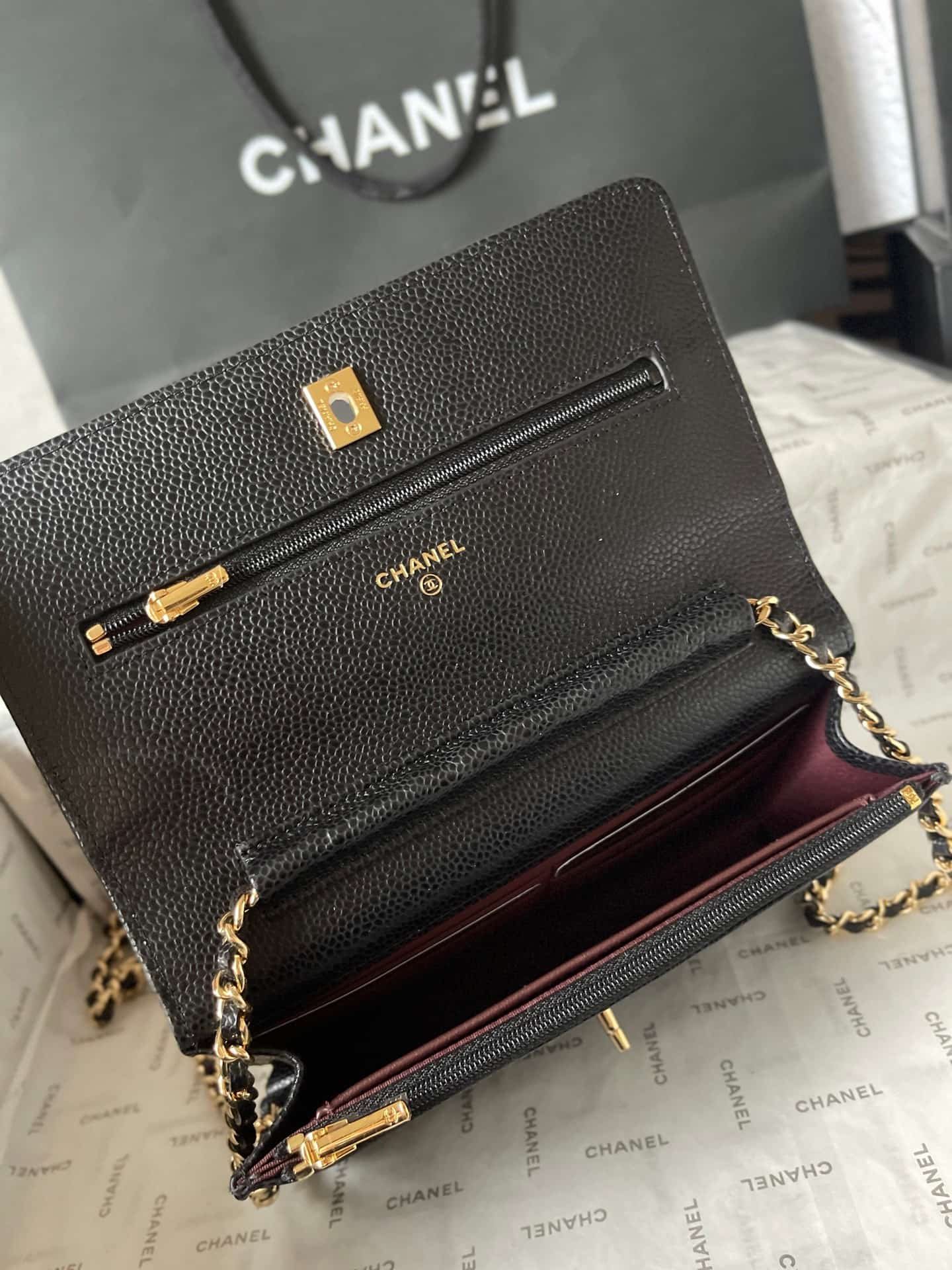 Chanel Classic Wallet on Chain Grained Shiny Calfskin & Gold-Tone Metal AP4241 Black A