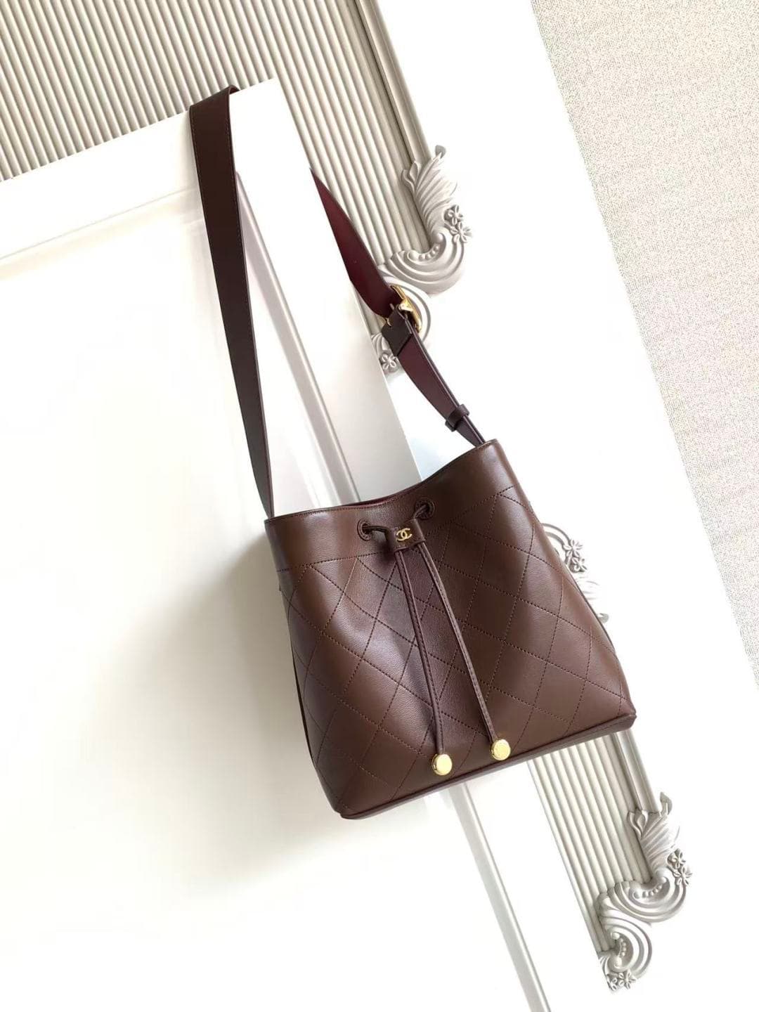 Chanel Bucket Bag Calfskin Leather & Gold-Tone Metal Dark Brown AS6584 A