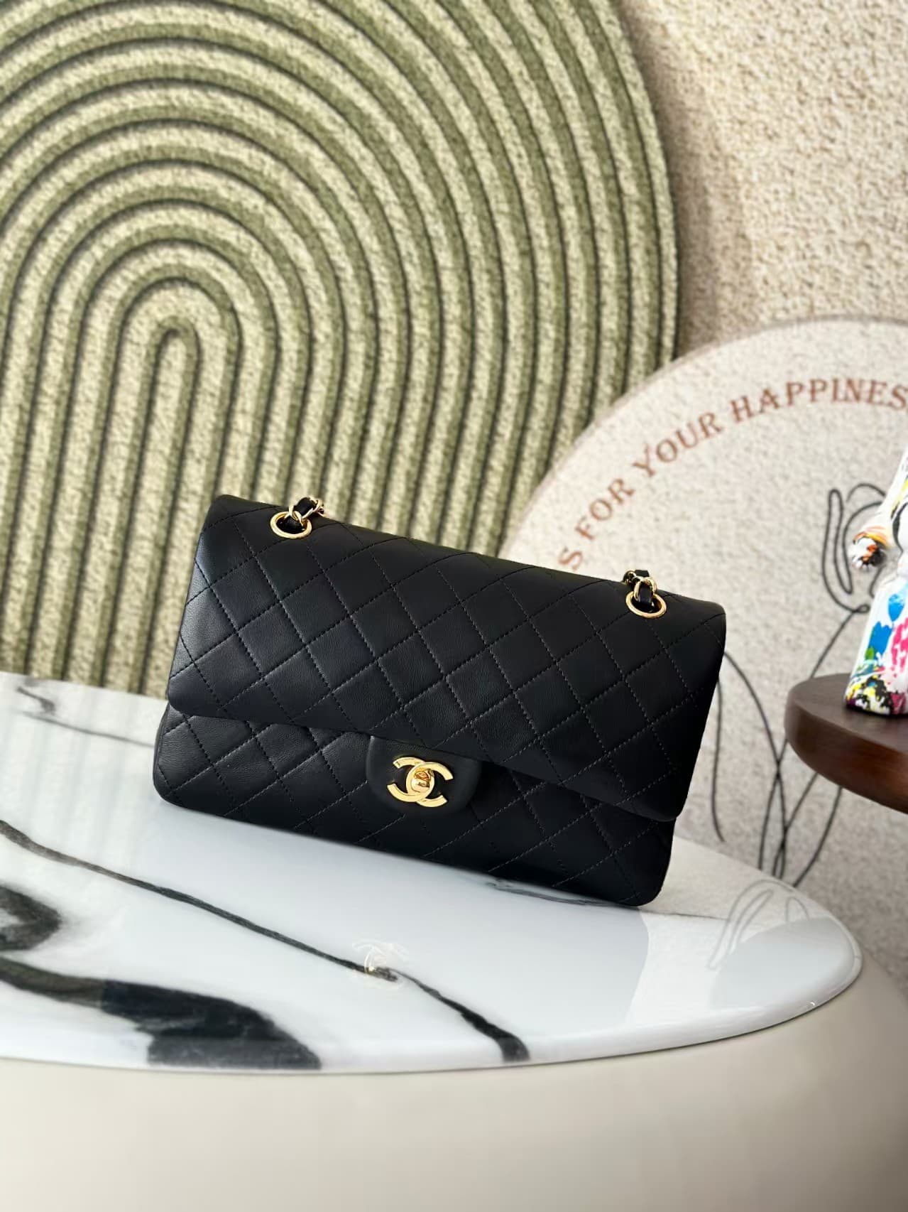 Chanel Vintage Classic Handbag Black Lambskin Gold-Tone Metal A