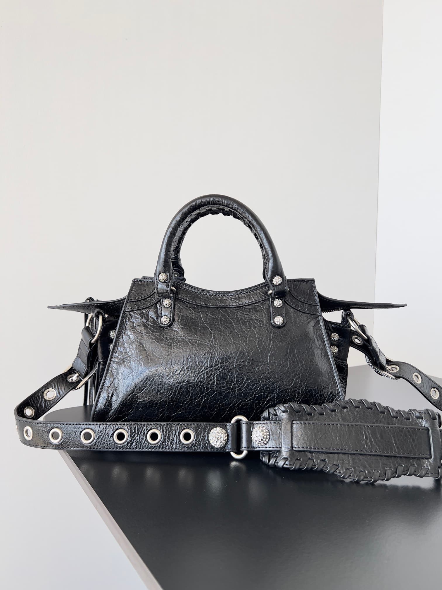 Balenciaga Small Neo Cagole City bag in Black lambskin leather with crystal rhinestones High
