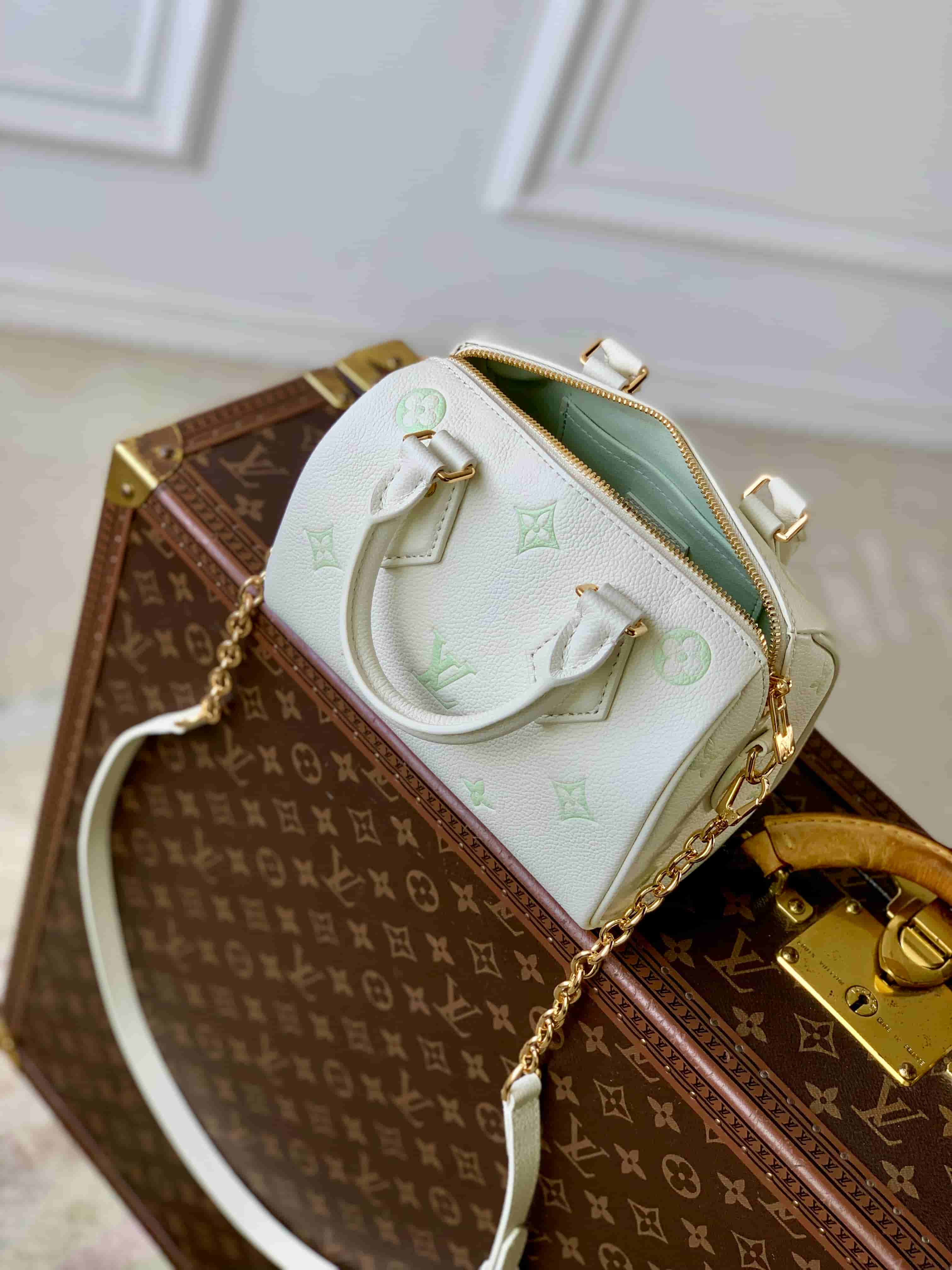 Louis Vuitton Speedy Bandoulière 20 Milky White/Green Cowhide leather M27572 High
