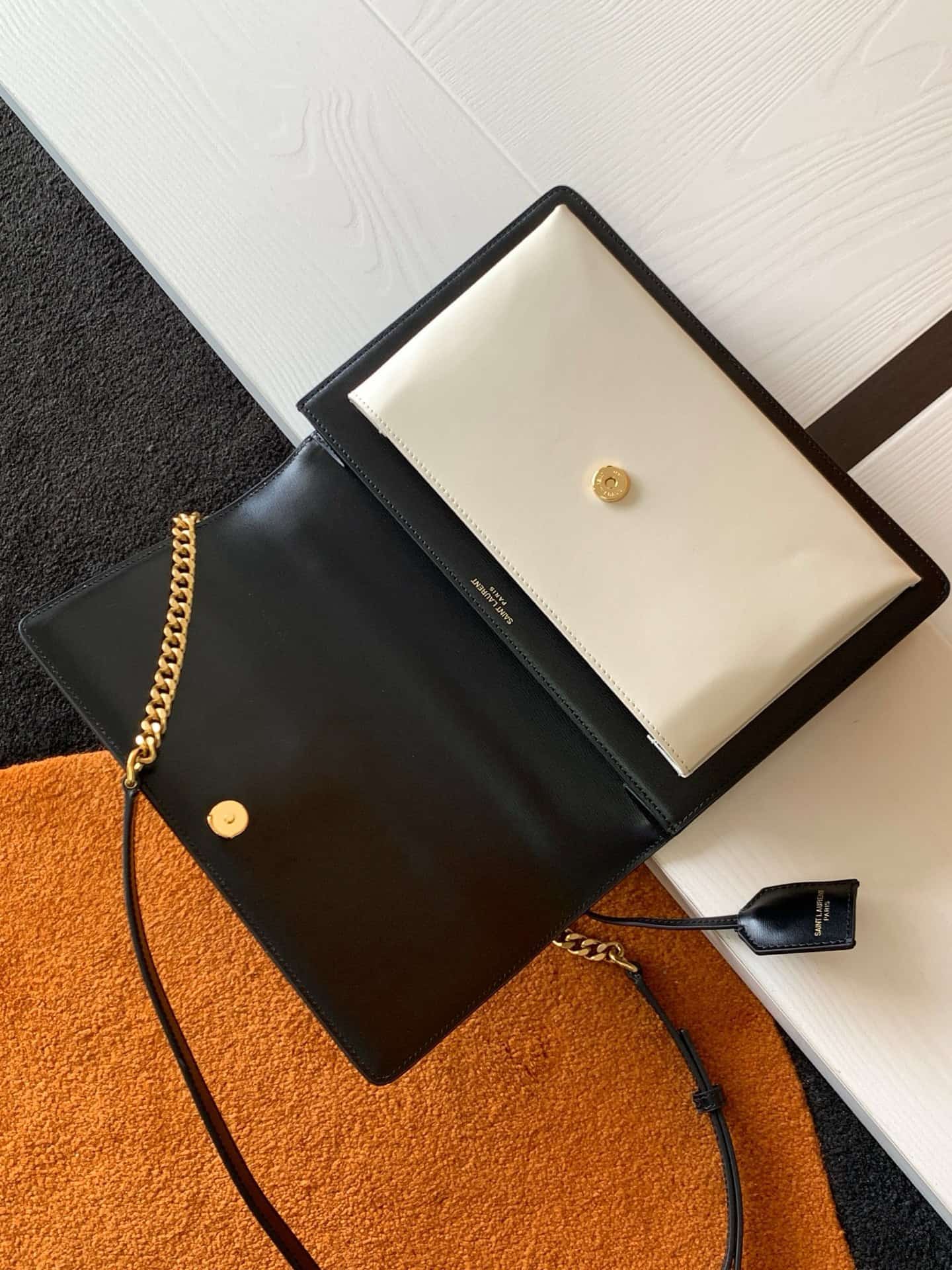 Saint Laurent Sunset Handle Bag Black and White Smooth  Leather 634723 High