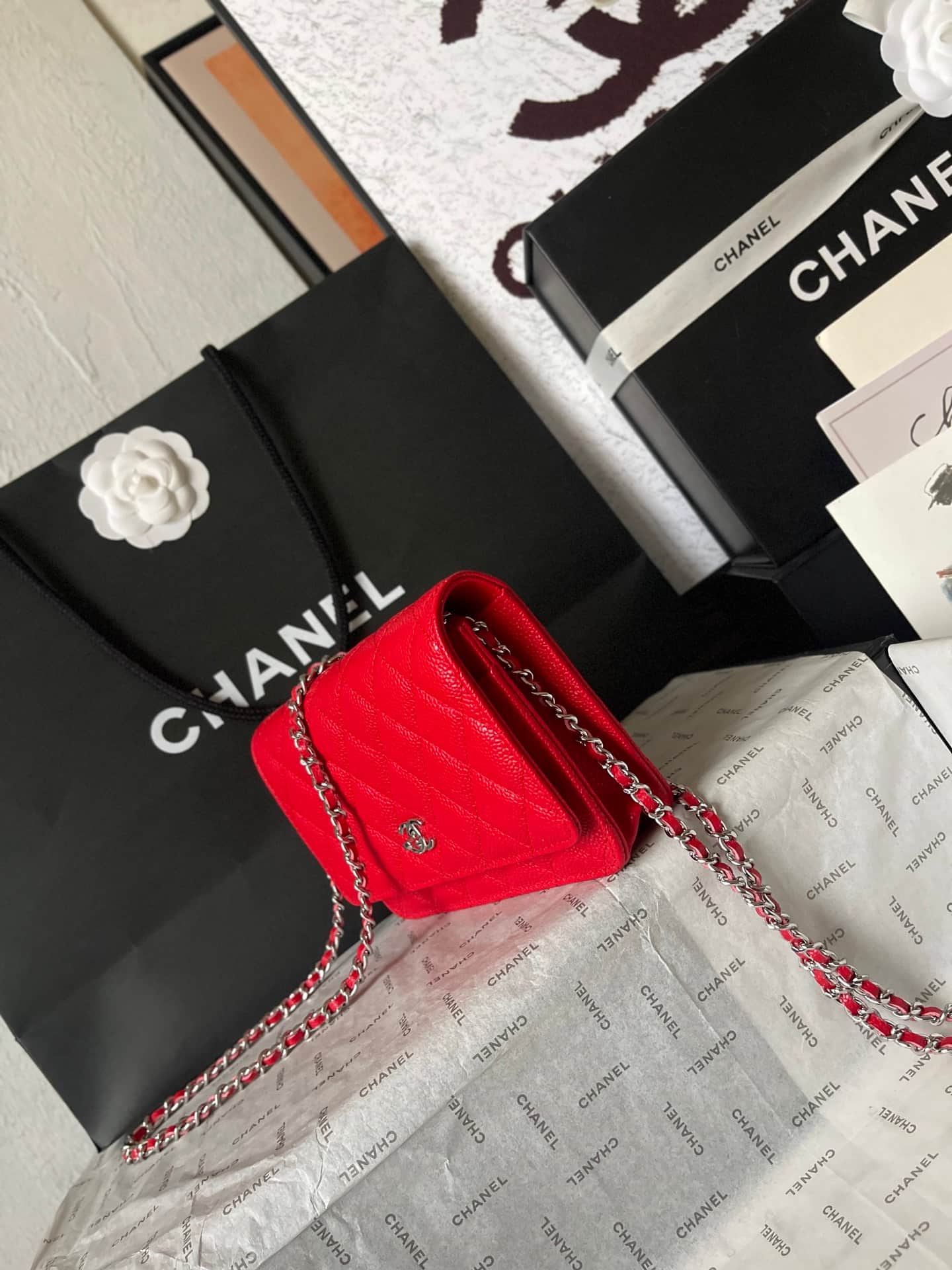 Chanel Classic Wallet on Chain Grained Shiny Calfskin & Silver-Tone Metal AP4241 Red A
