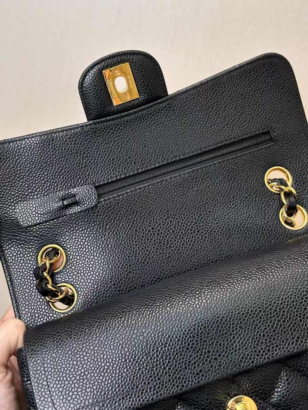 Chanel Small Classic Handbag Grained Calfskin Black Gold Metal TOP