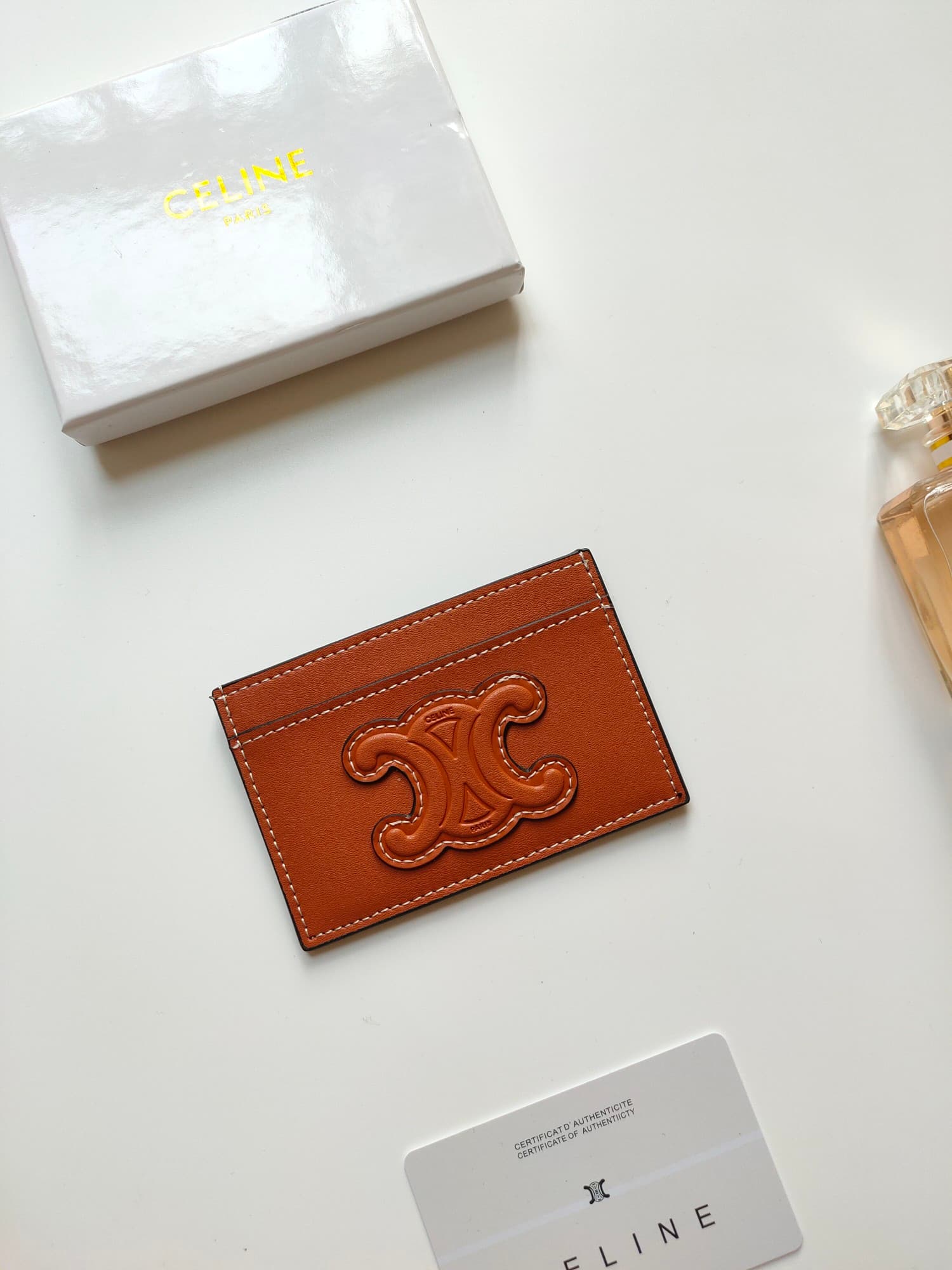 Celine Triomphe card holder in brown shiny calfskin leather 10B703 High