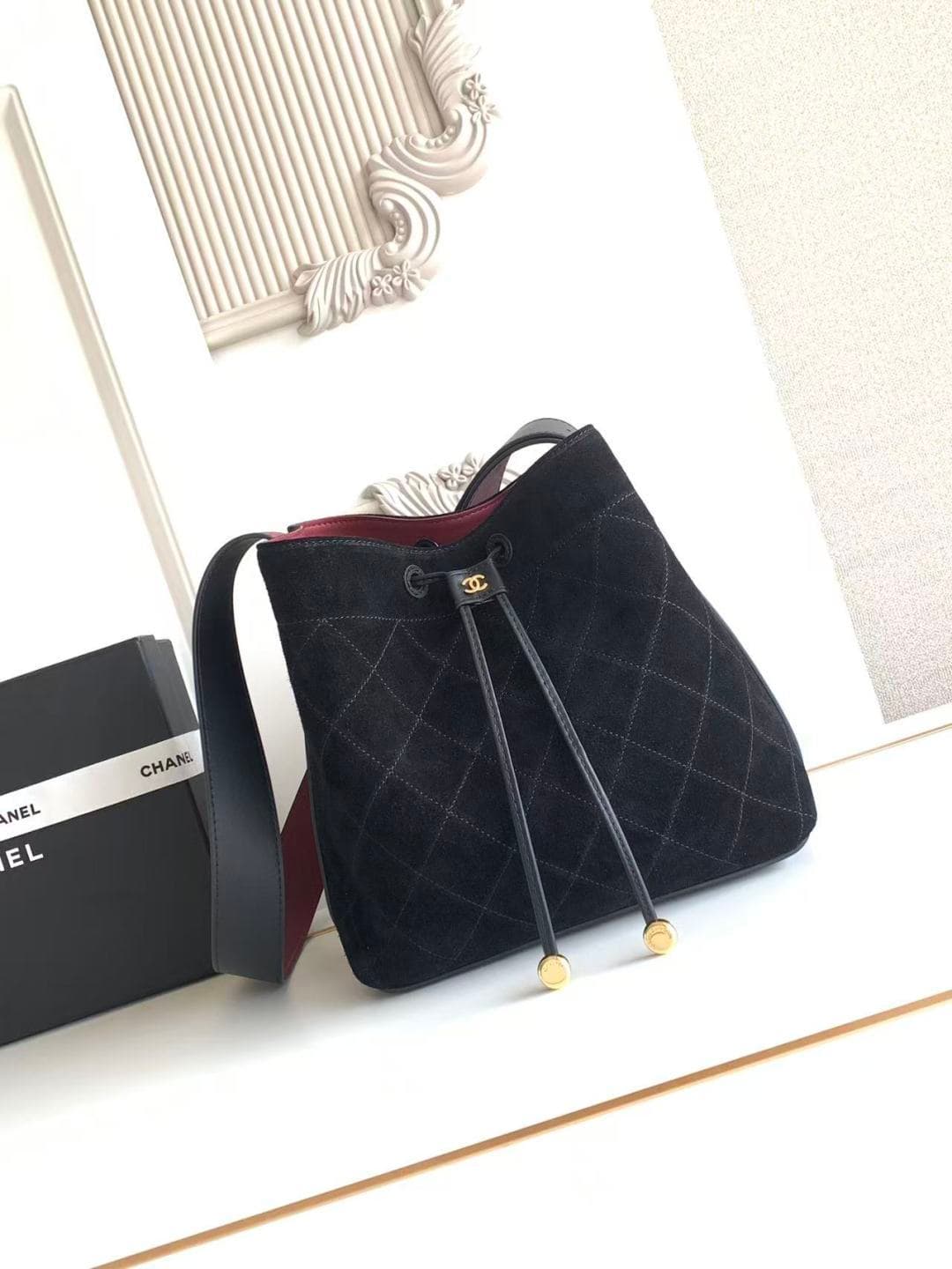 Chanel Small Bucket Bag Suede Calfskin & Gold-Tone Metal Black AS6584 A