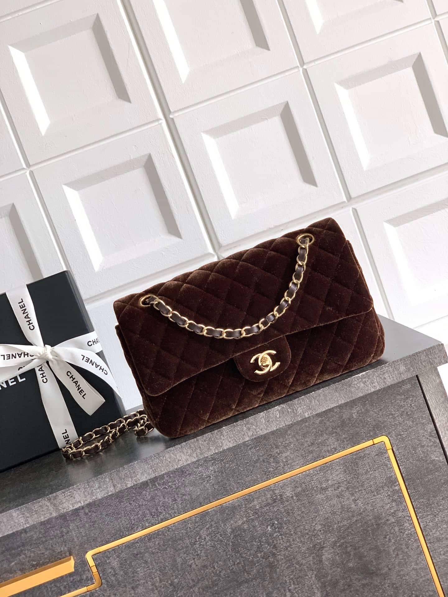 Chanel Medium CLASSIC HANDBAG Velvet  & Gold-Tone Metal Coffee A