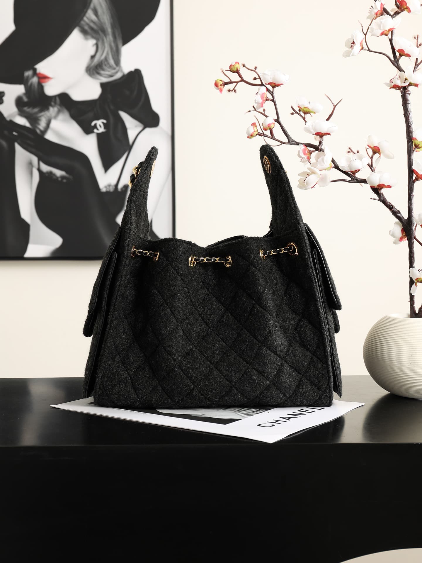 Chanel 25 Small Hobo handbag AS5293 Felt & Gold-Tone Metal Black A