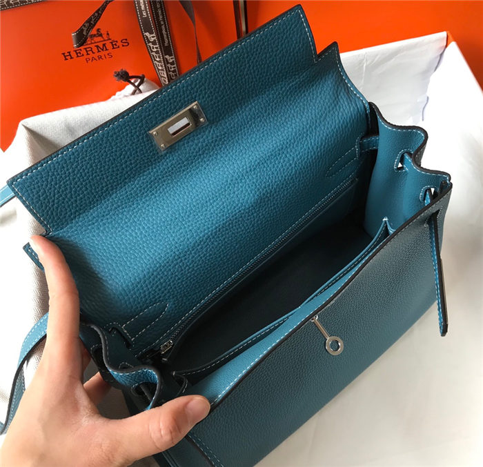 Hermes Kelly 25/28/32cm Retourne Bag Togo Leather In Agate Blue WAX High