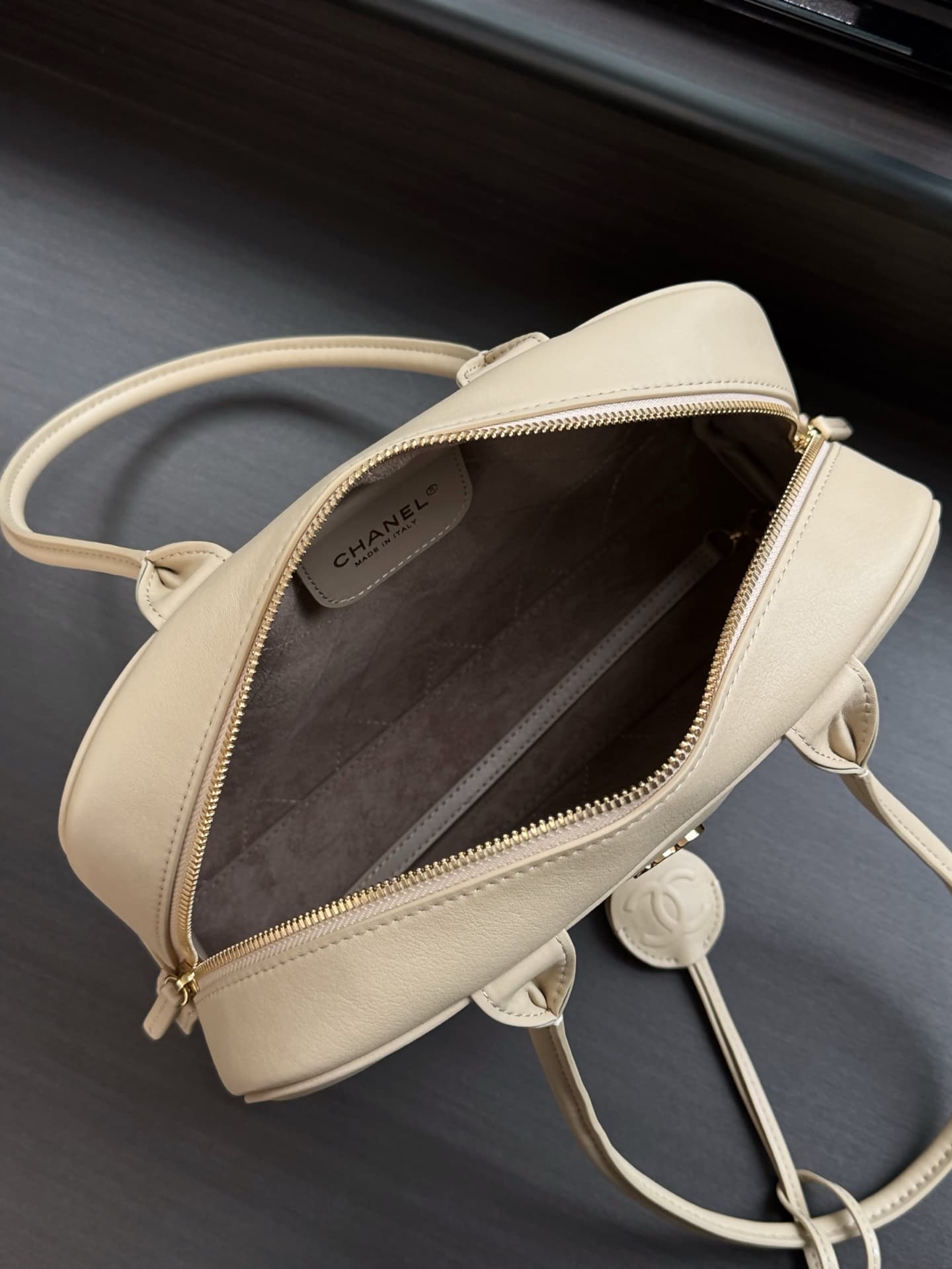 Chanel Large Bowling Bag Calfskin & Gold-Tone Metal Beige AS6580 High