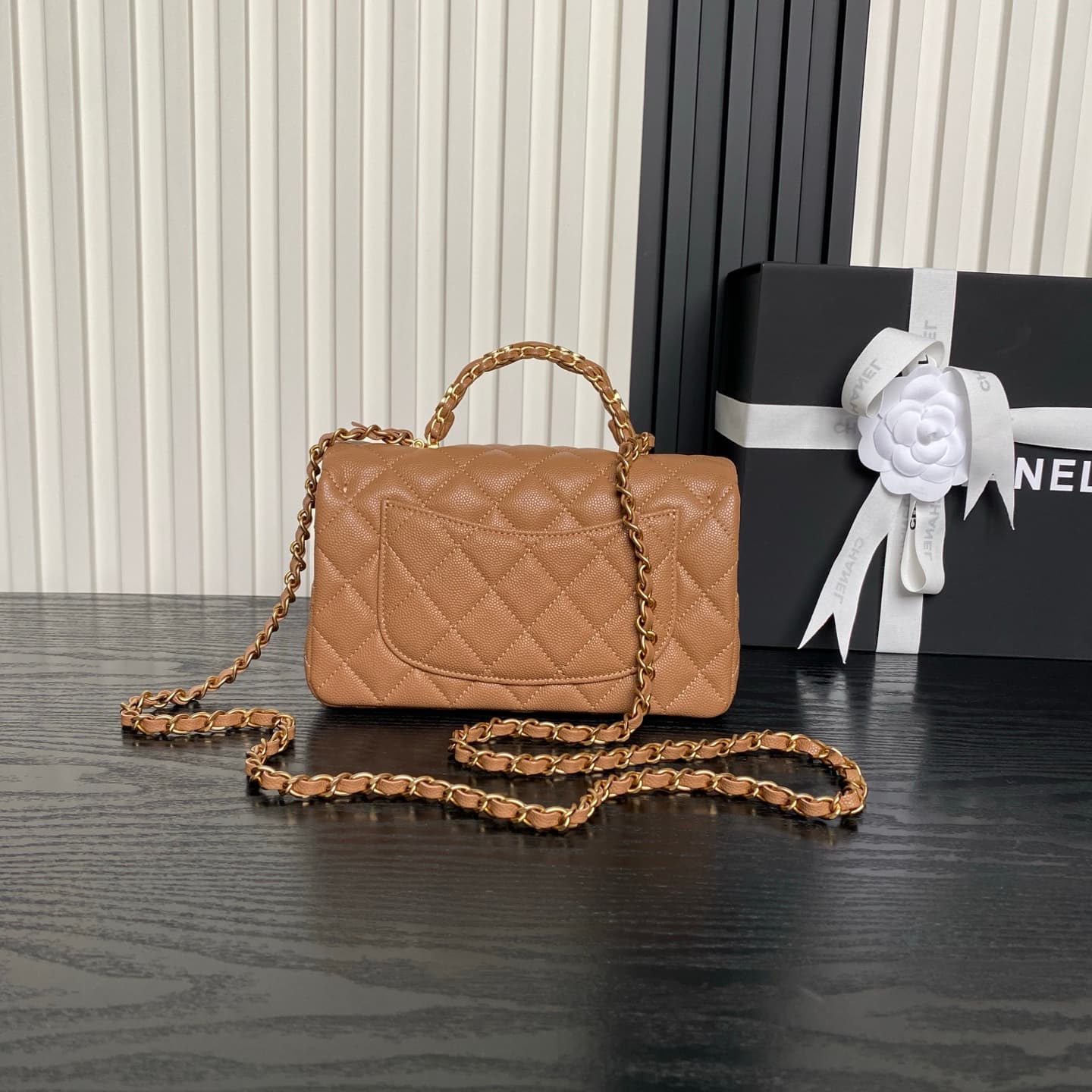 Chanel Mini Flap Bag with Top Handle Grained Shiny Calfskin & Gold-Tone Metal Caramel AS5701 A