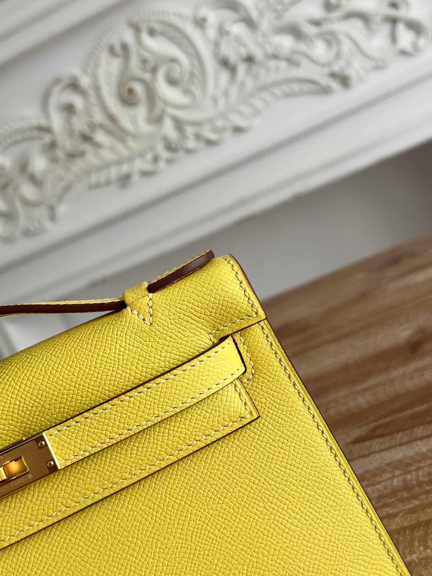Hermes Kelly Pochette Bag Epsom Leather Silver/Gold Metal Lime WAX High