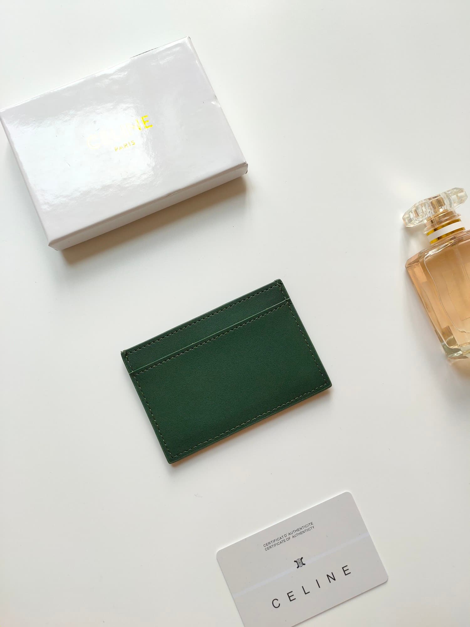 Celine Triomphe card holder in green shiny calfskin leather 10B703 High
