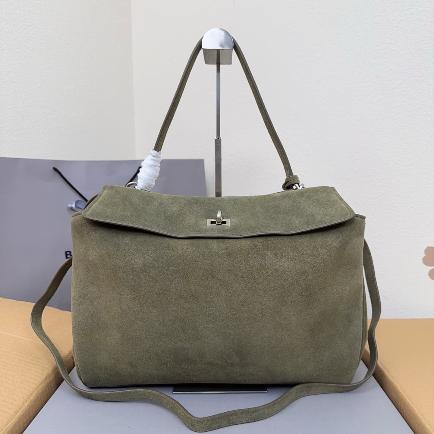 Balenciaga Rodeo Medium Bag in Khaki Waxed Suede Calfskin With Silver-Tone Metal High