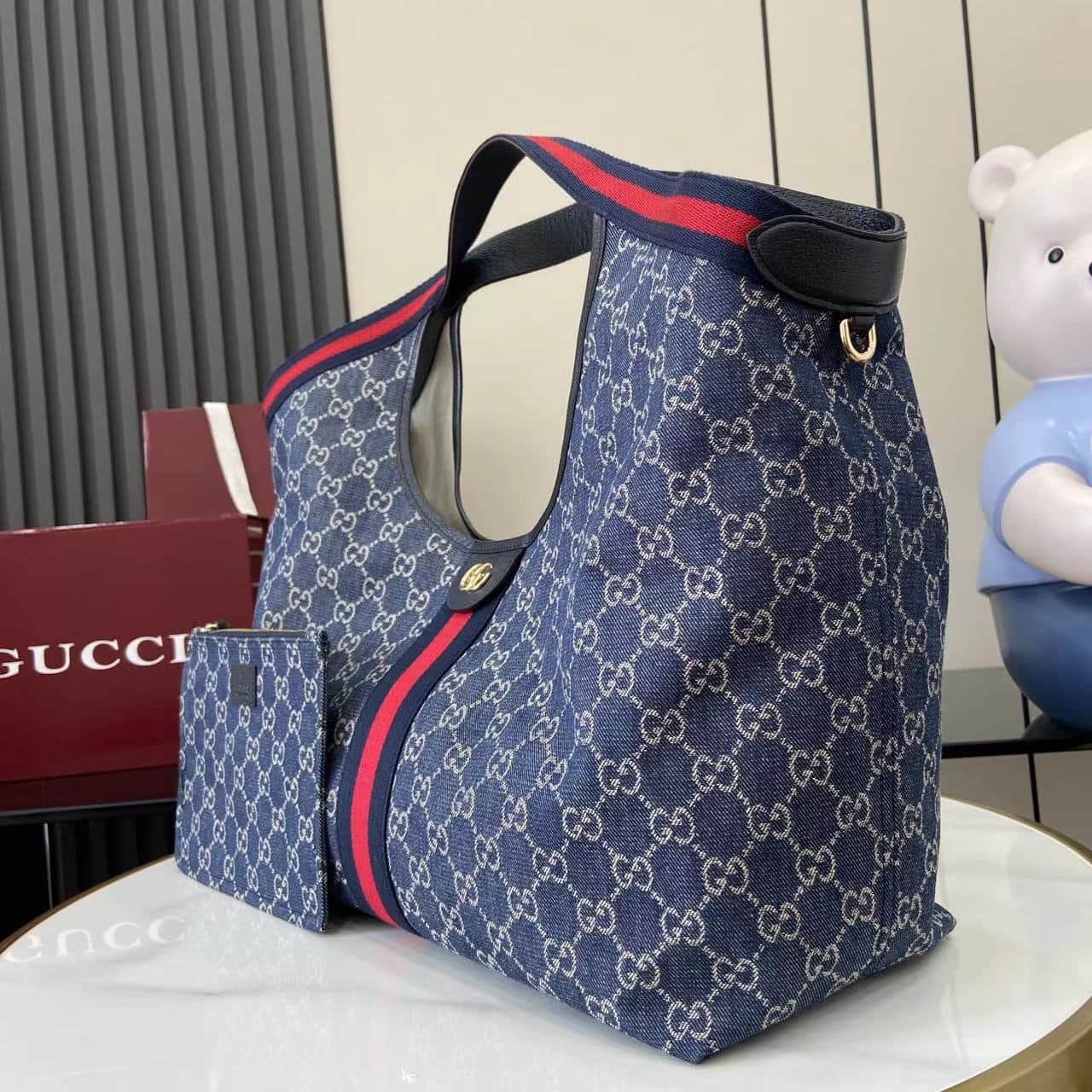 Gucci Giglio large tote bag blue and white GG denim 853971 High