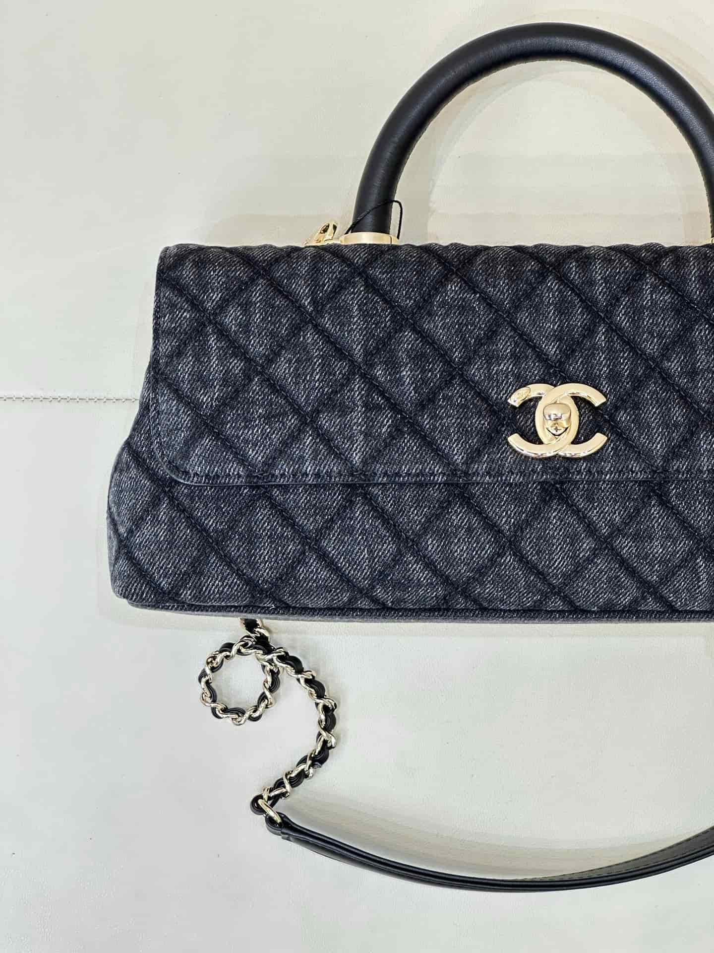 Chanel Maxi Flap Bag with Top Handle Washed Denim& Gold-Tone Metal AS6091 Black TOP