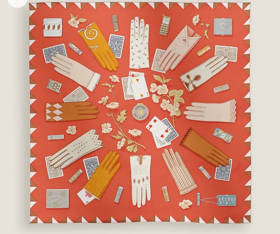 Hermes Carre 90L'Heure des Gants Corail / Gris / Caramel