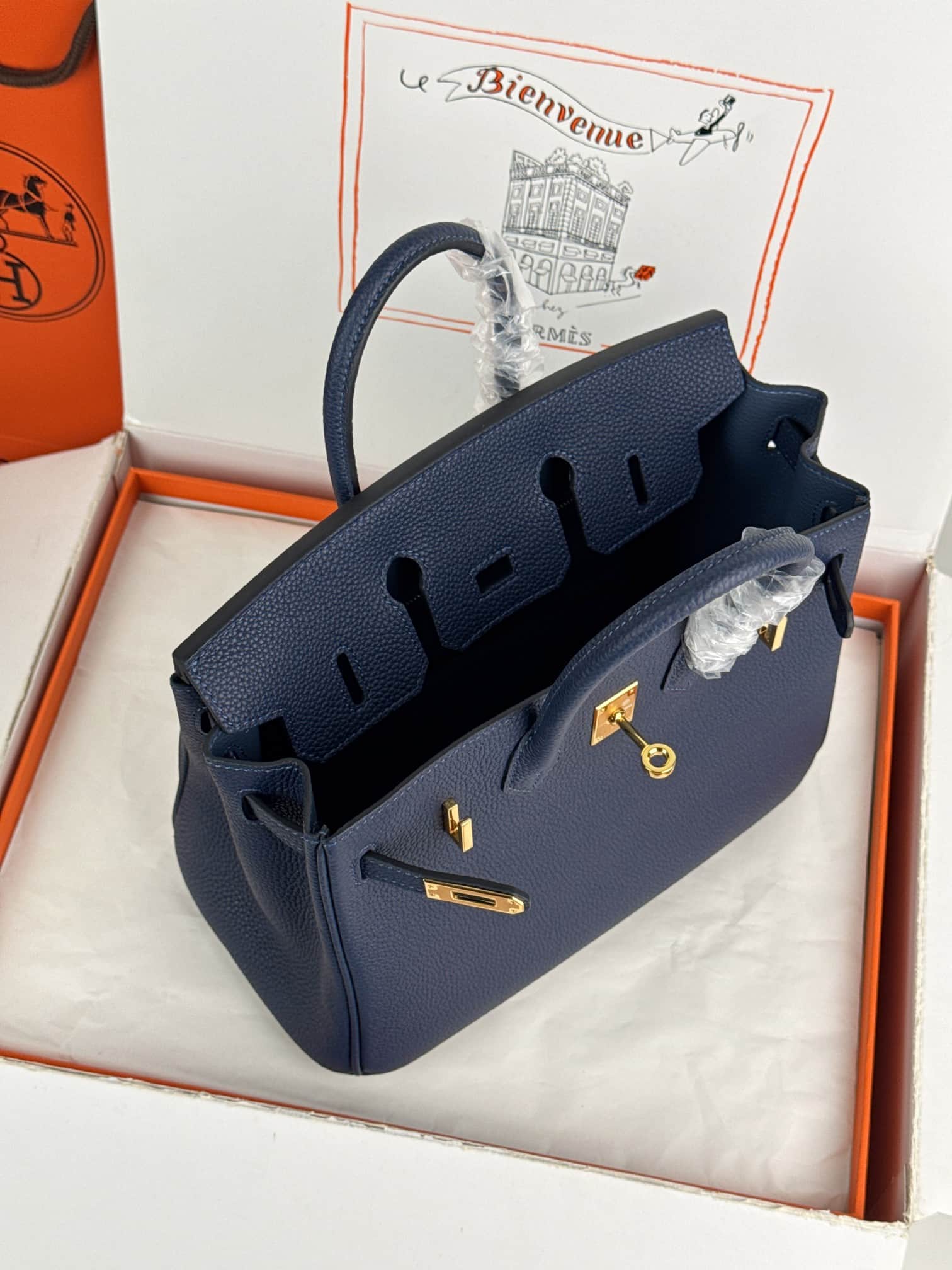 Hermes Birkin 25/30 Bag Togo Calfskin Leather Bleu Obscur High