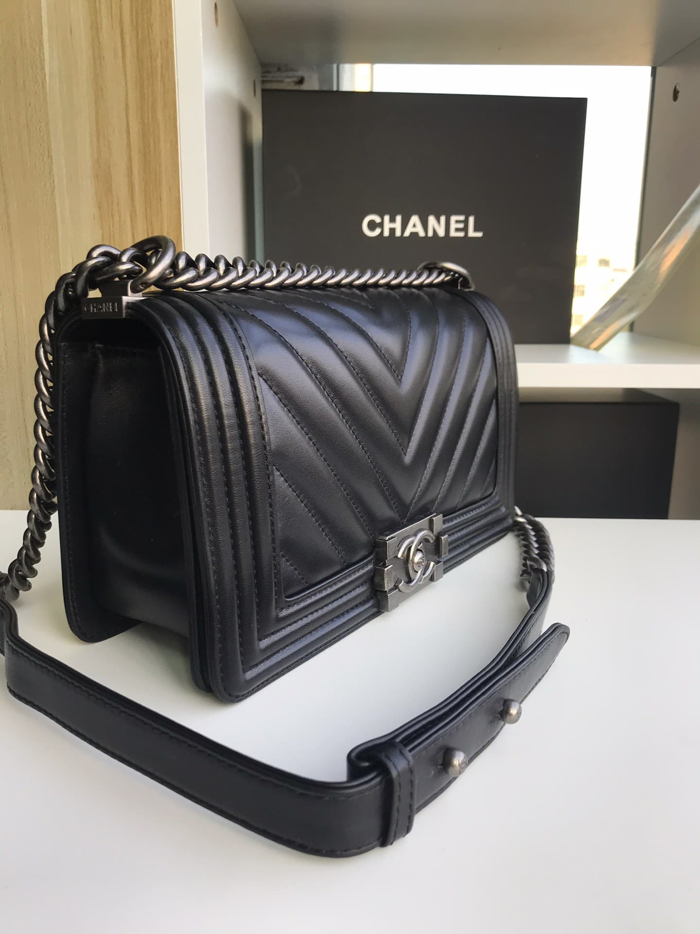 BOY Chanel HANDBAG Chevrons Pattern Lambskin Silver Metal Black High