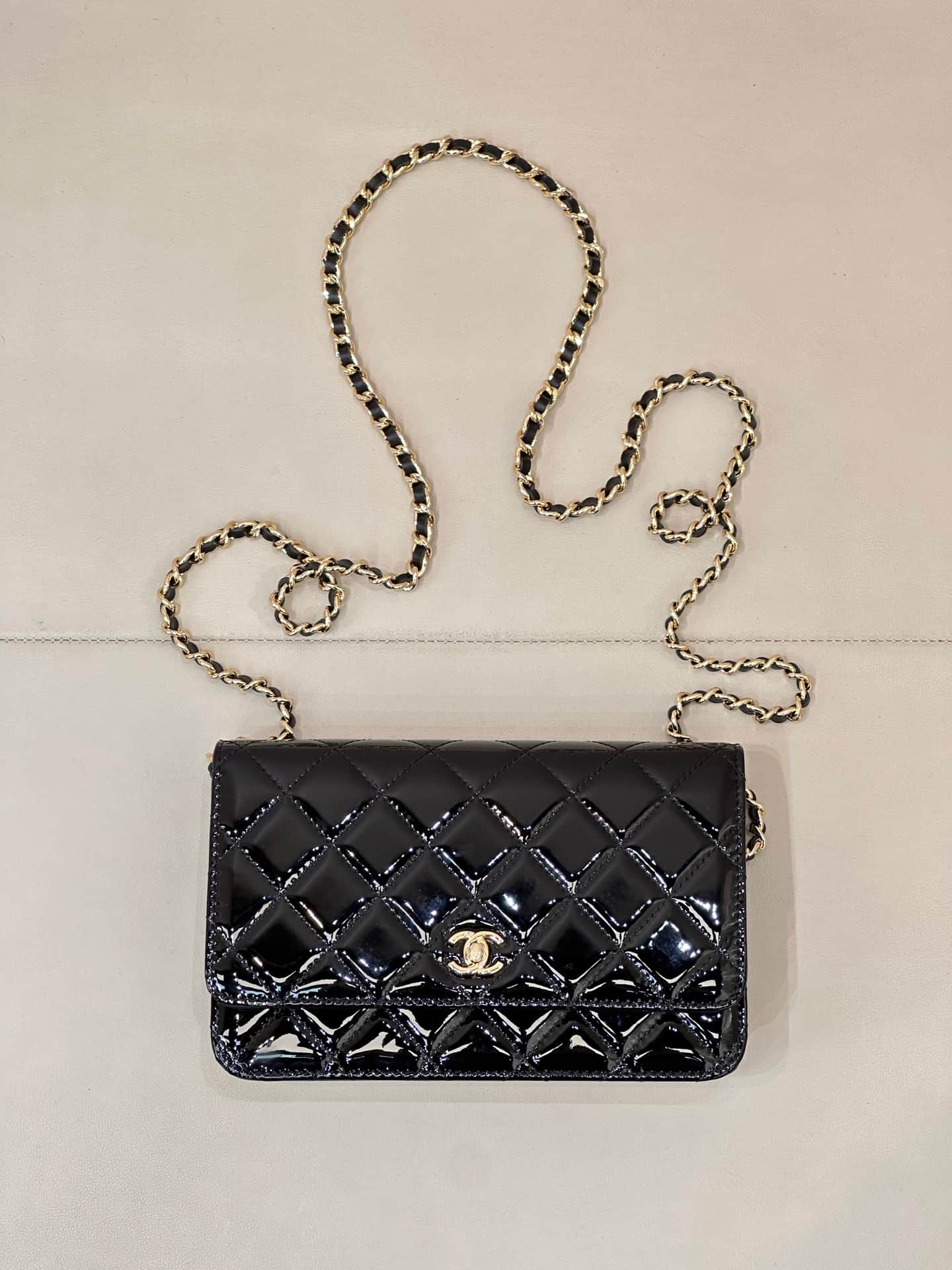 Chanel Classic Wallet on Chain Patent Quilted & Gold-Tone Metal AP4241 BLACK TOP