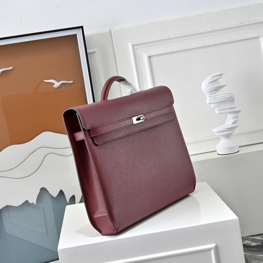 Hermes Kelly depeches Epsom 36 briefcase In Burgundy Silver Metal CalfskIn WAX High