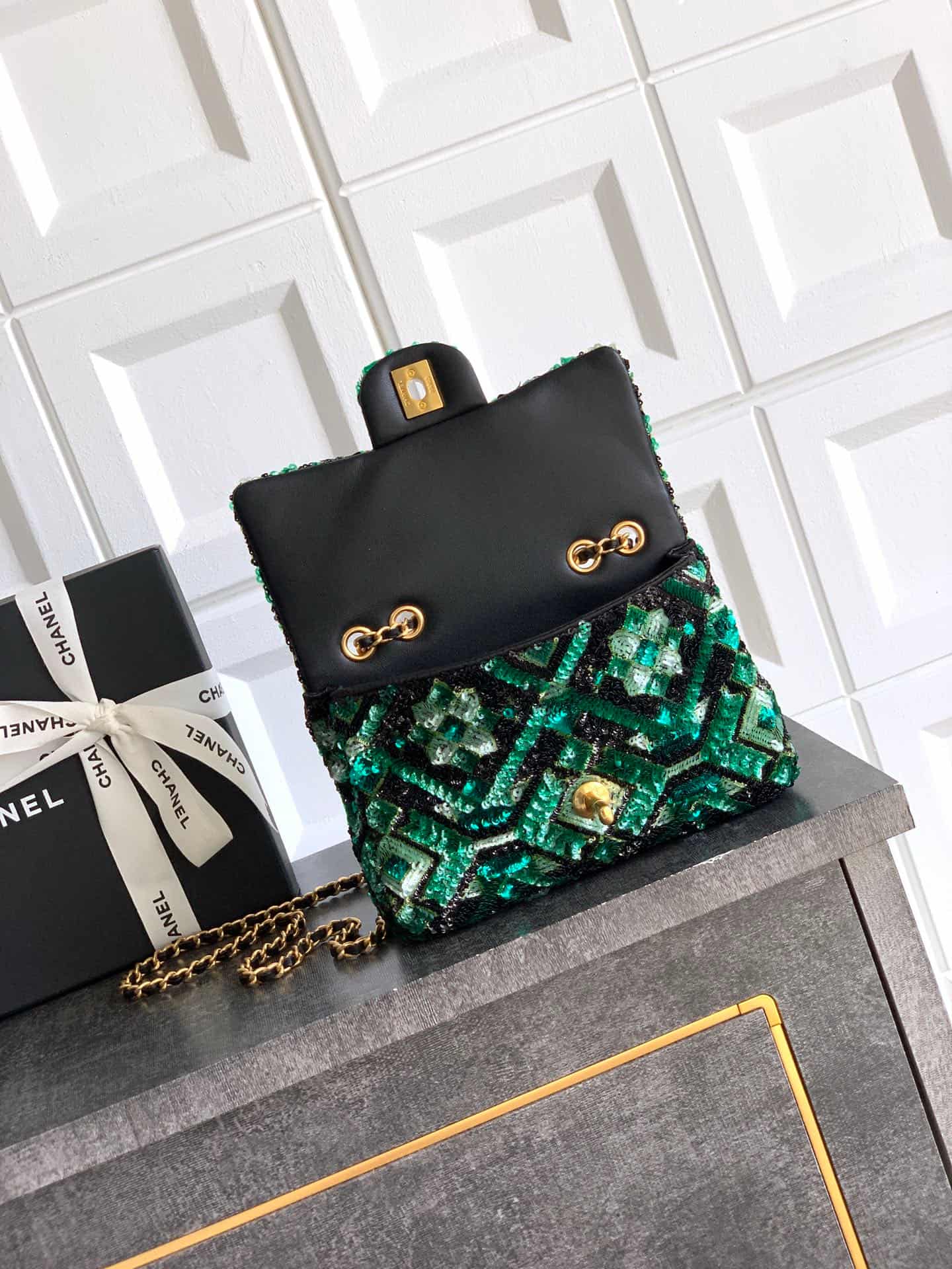 Chanel Classic Mini Flap Bag Sequins Embroidery & Gold-Tone Metal Green 6171 A