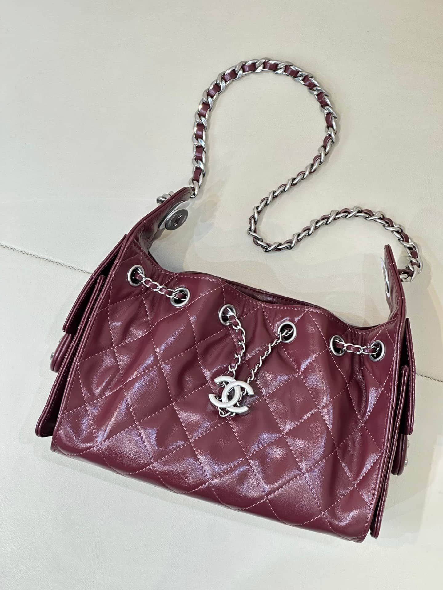 CHANEL 25 Mini Handbag AS5631 Shiny Calfskin & Silver-tone Metal Burgundy TOP