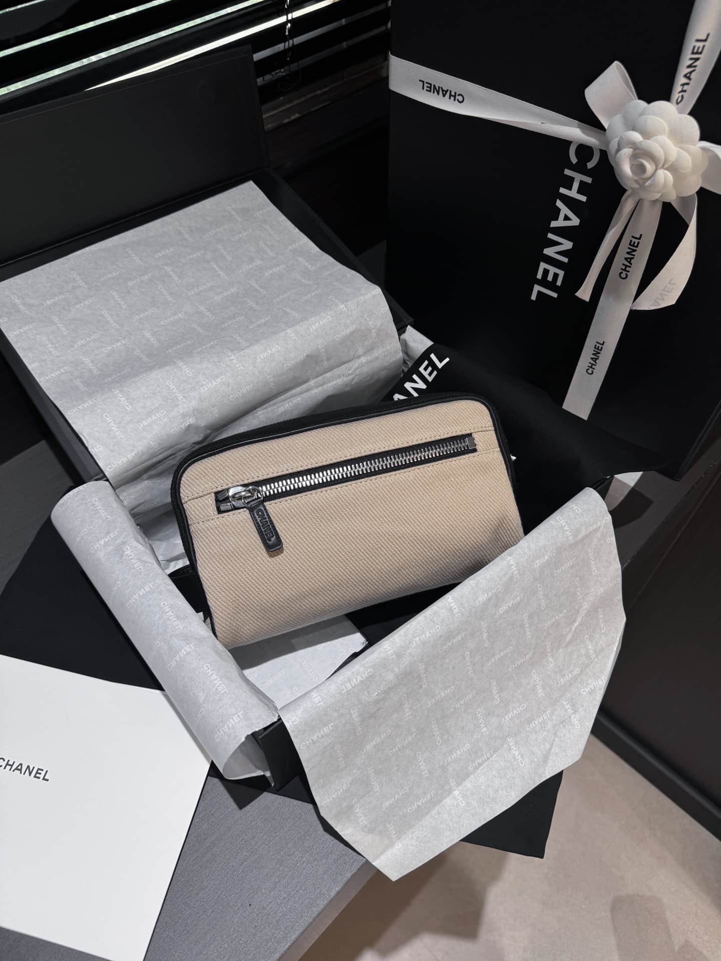 Chanel Small Zipped Pouch Canvas Calfskin Beige & Black AP5266 A