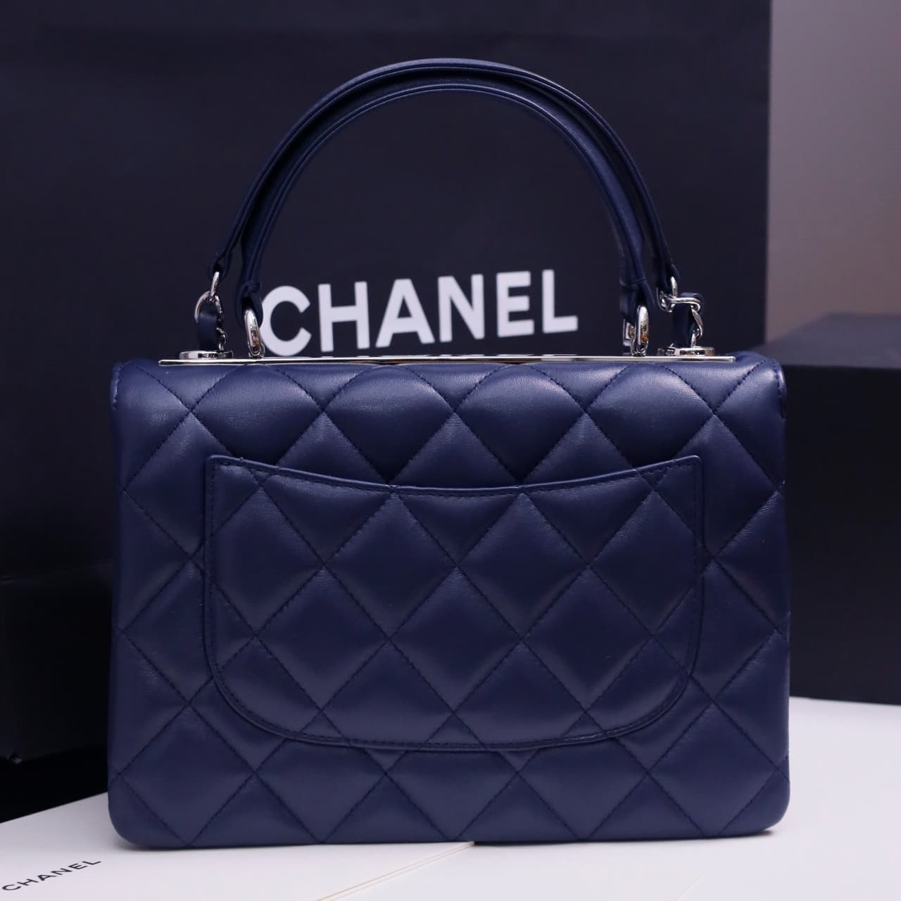 SMALL FLAP BAG WITH TOP HANDLE Lambskin Silver Metal Drak Blue A