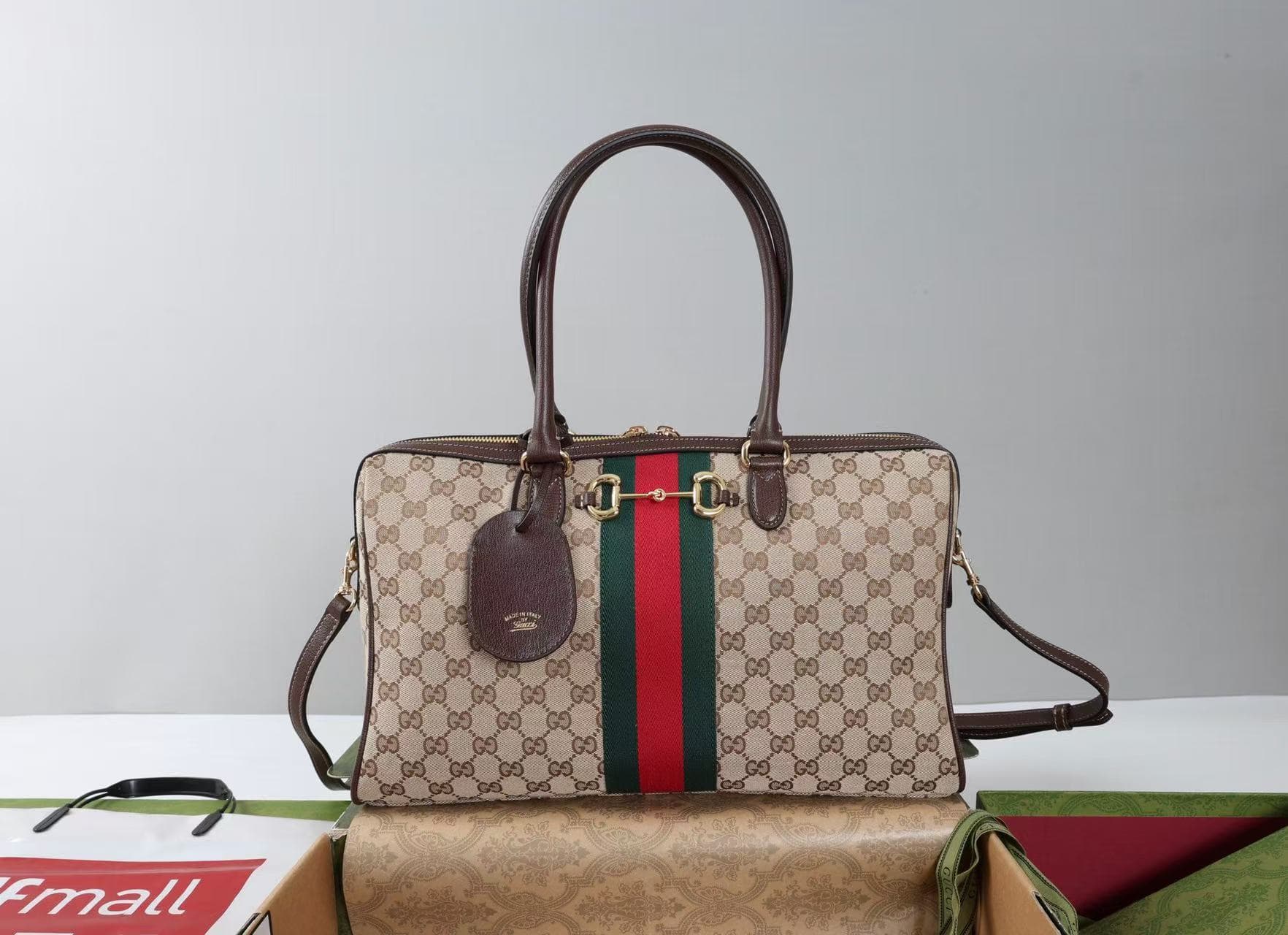 Gucci Borsetto large boston bag sand and brown GG canvas 866734 High
