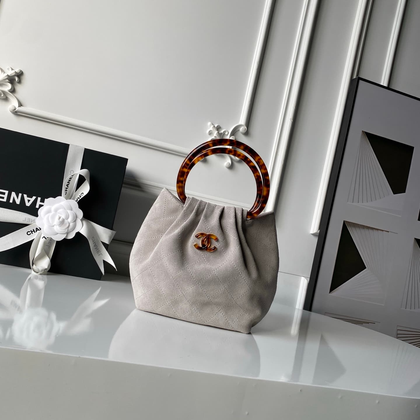 Chanel Small Hobo Bag Suede Calfskin Turtoise-Shell Effect Plexi & Gold-Tone Metal Grey AS6022 High